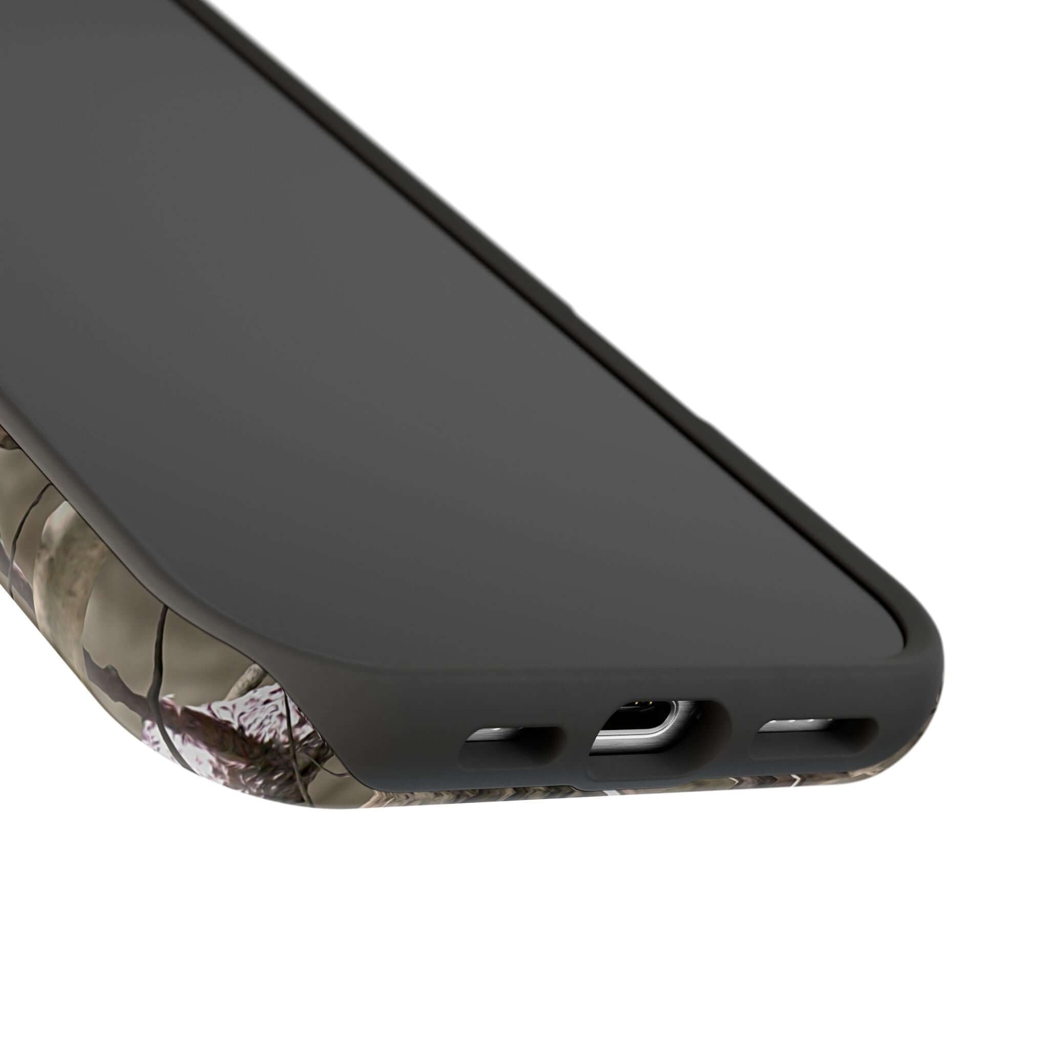 Modern forest camo phone case, animal print design, compatible with MagSafe technology, showcasing stylish protection.