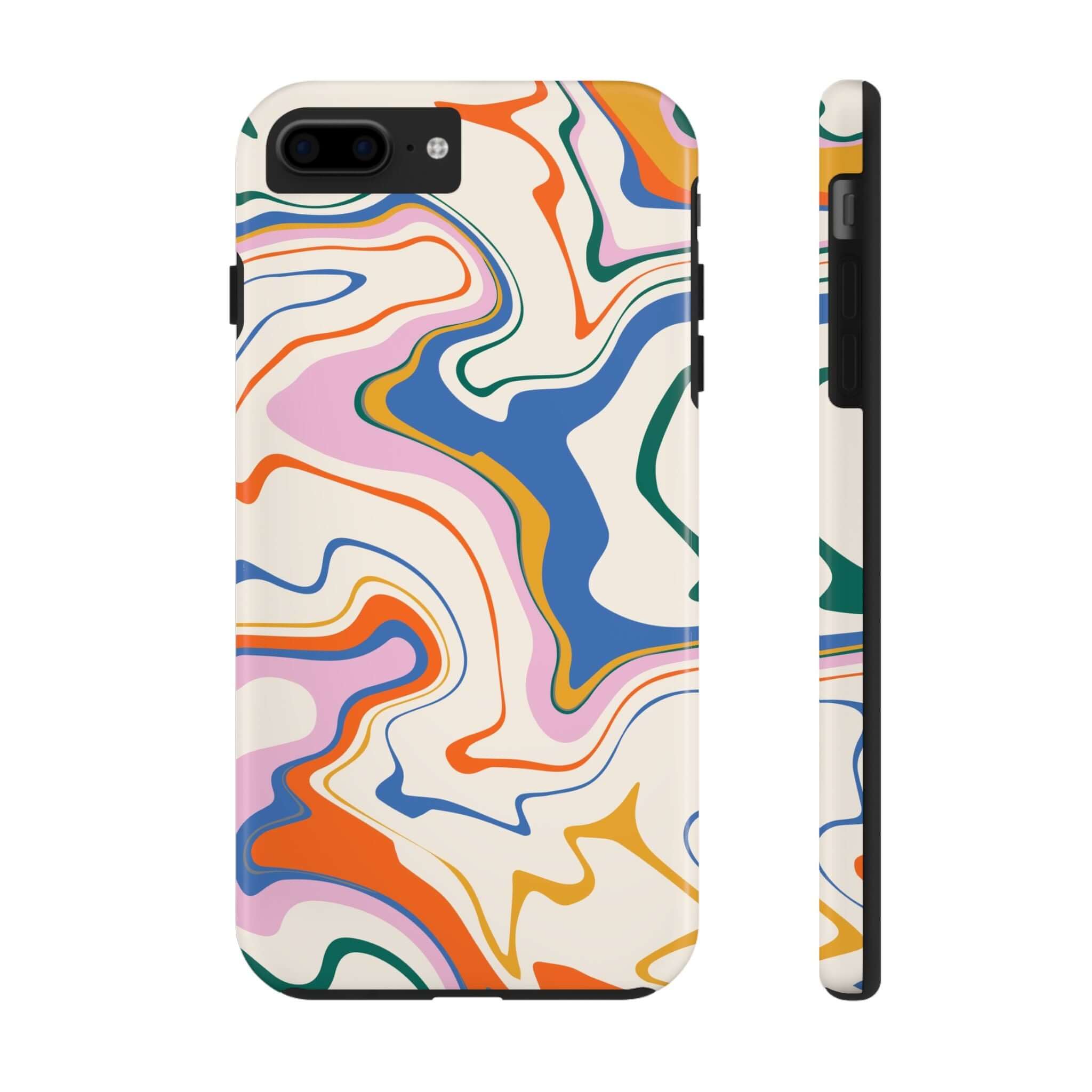 Colorful abstract phone case for iPhone 14 Pro Max and Samsung S23, featuring vibrant swirls in a cute design.