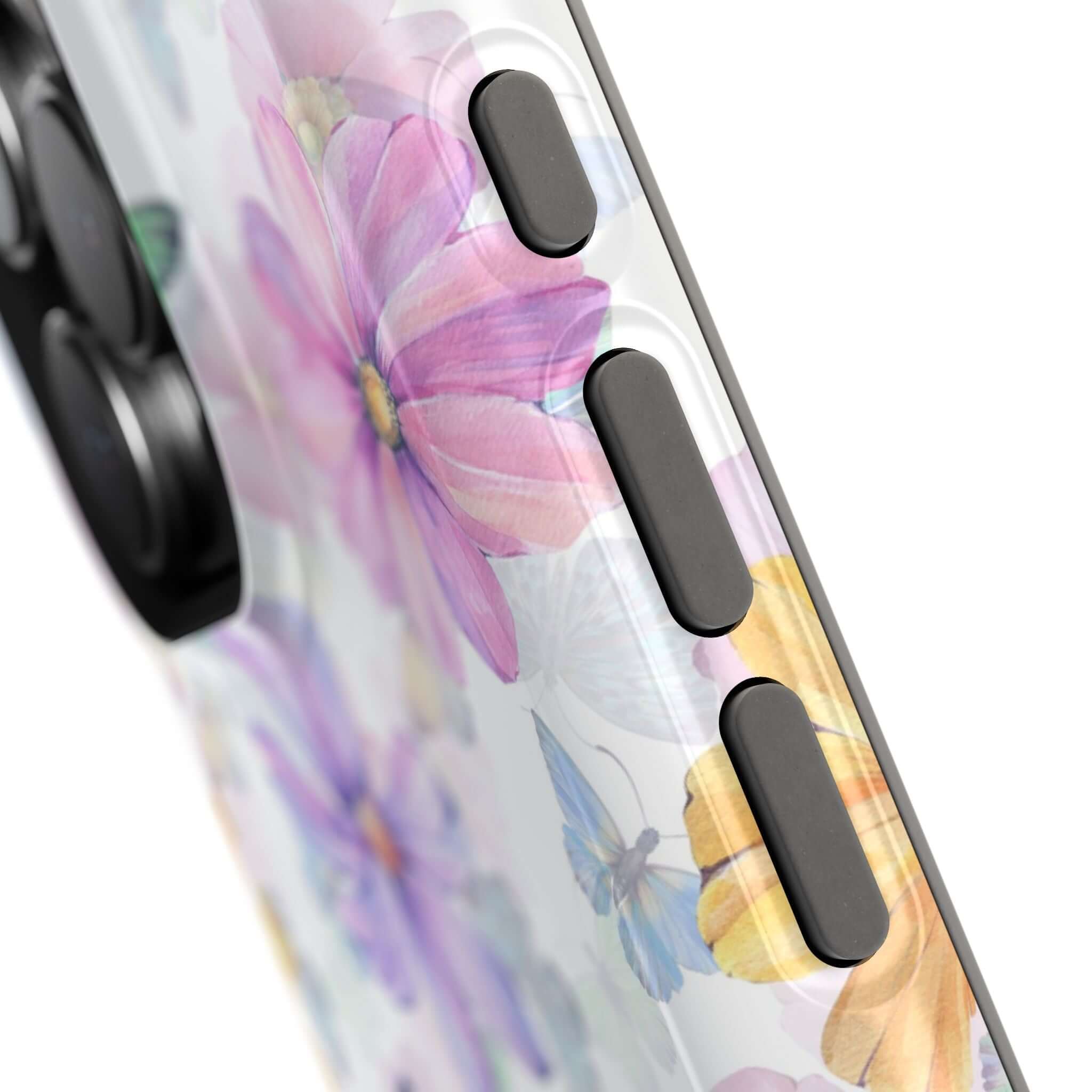 Cute MagSafe iPhone 16 case with watercolor butterfly and flower design, showcasing fluttery protective phone case.