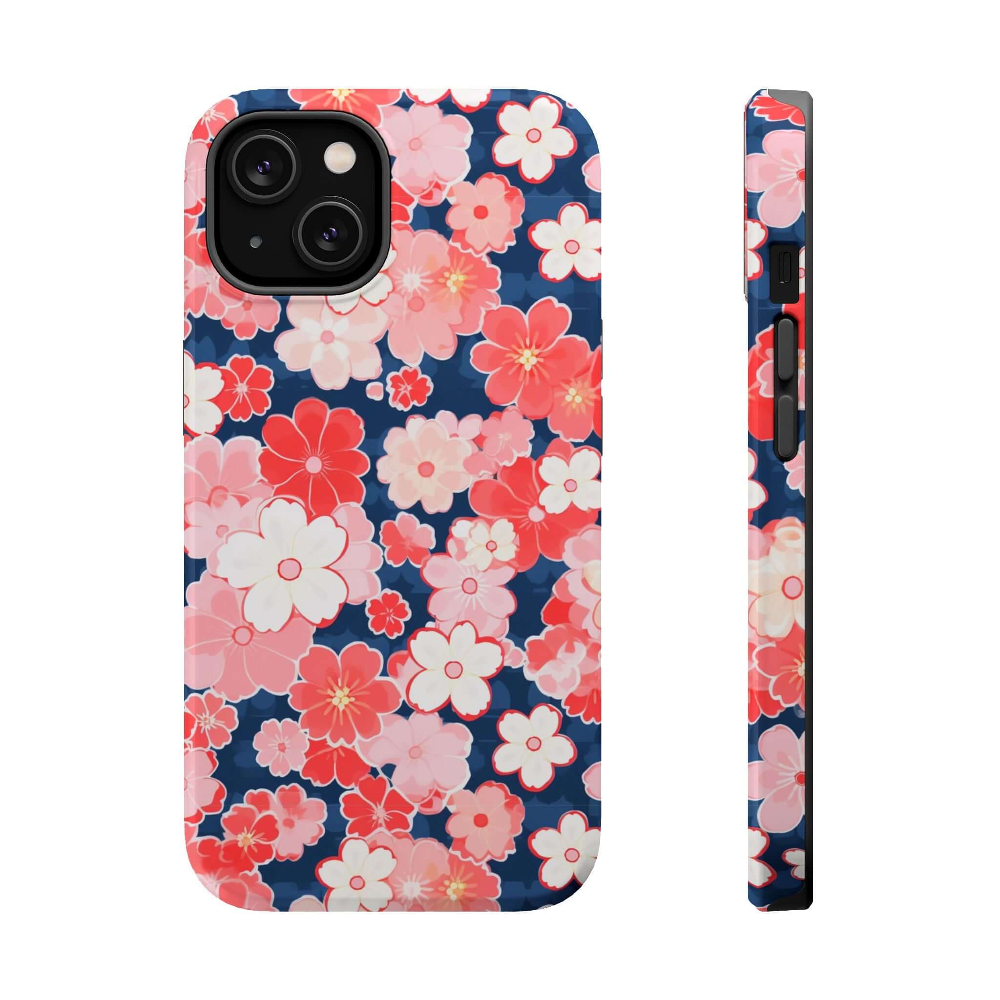 Pink floral iPhone 14 Pro Max case with side and back view showing colorful flower design and protective cover.