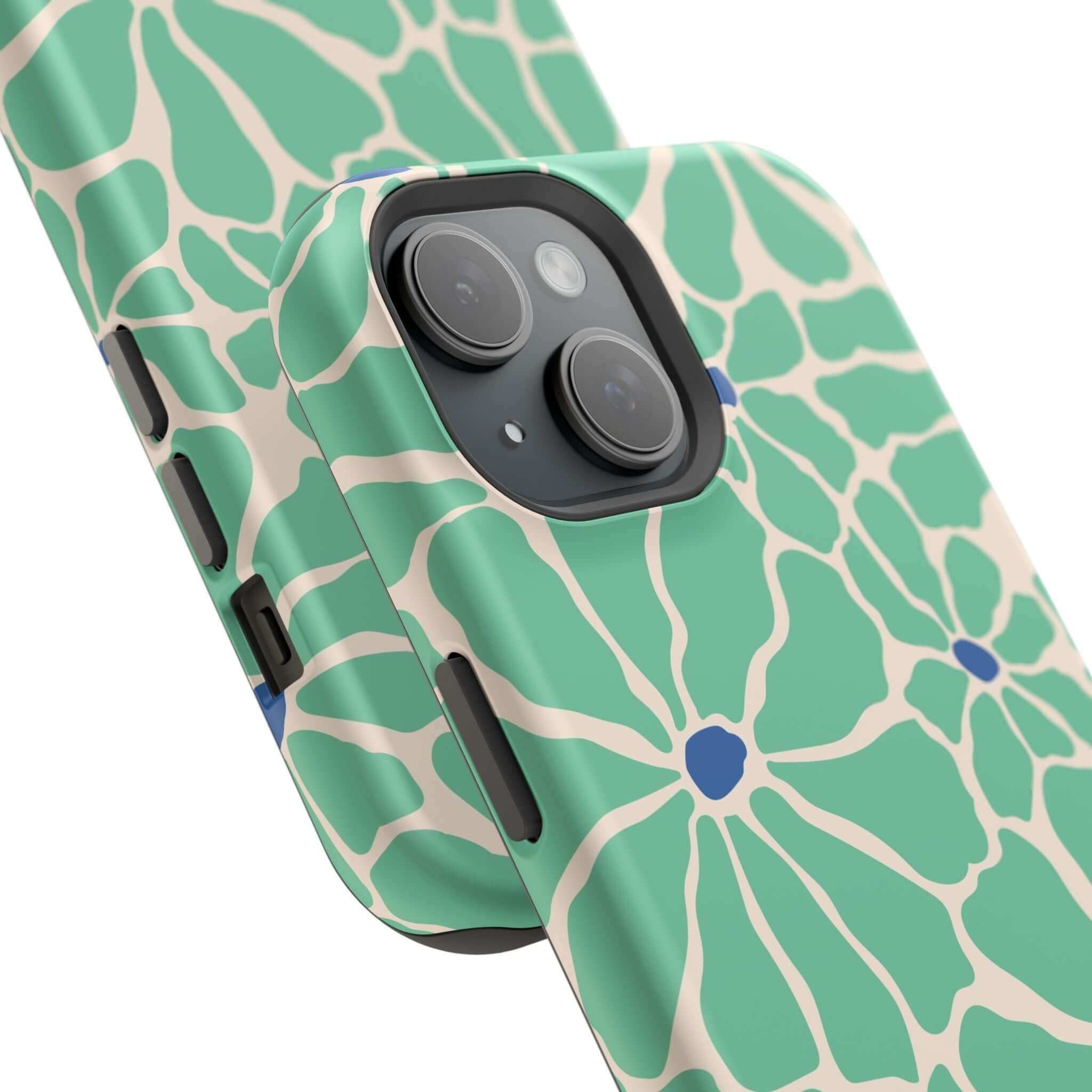 Cute tropical phone cover featuring retro floral design for Apple iPhone, showcasing vibrant greens and blues.