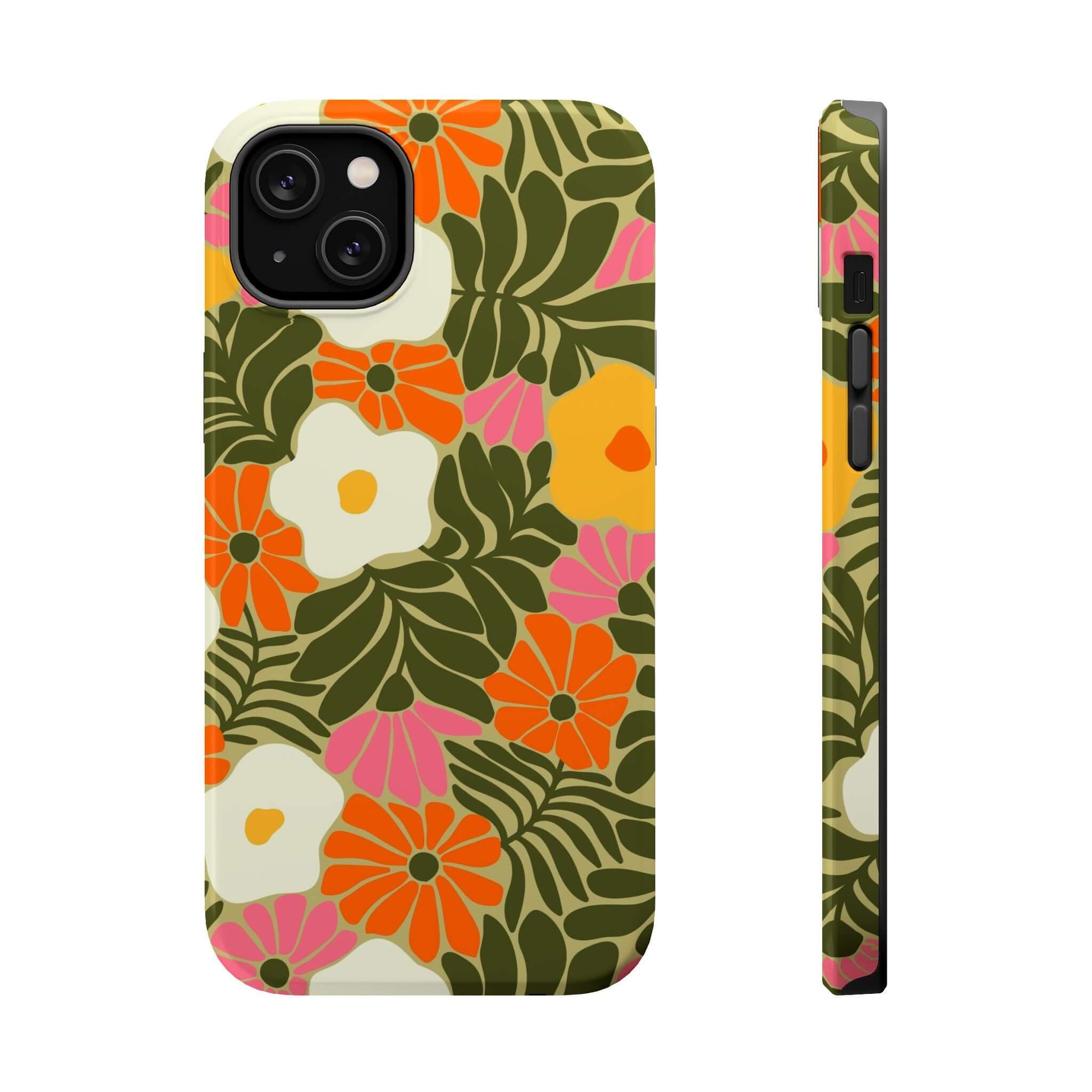 Retro beach vibes phone case with vibrant tropical floral design, perfect cute cover for Apple iPhone.