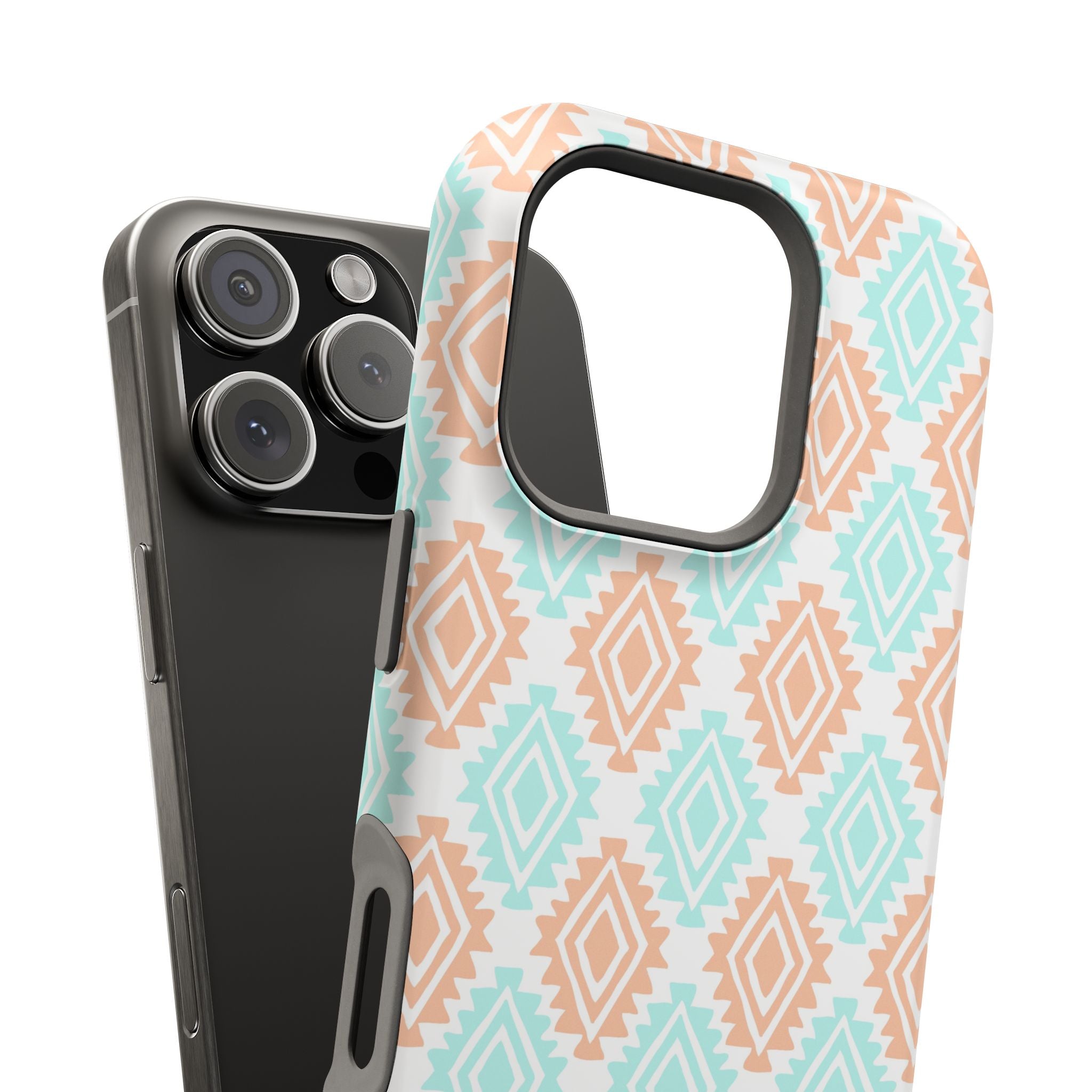 Desert Dreamer Southwestern MagSafe iPhone case with abstract design, mint and tan hues; cute and functional phone cover.