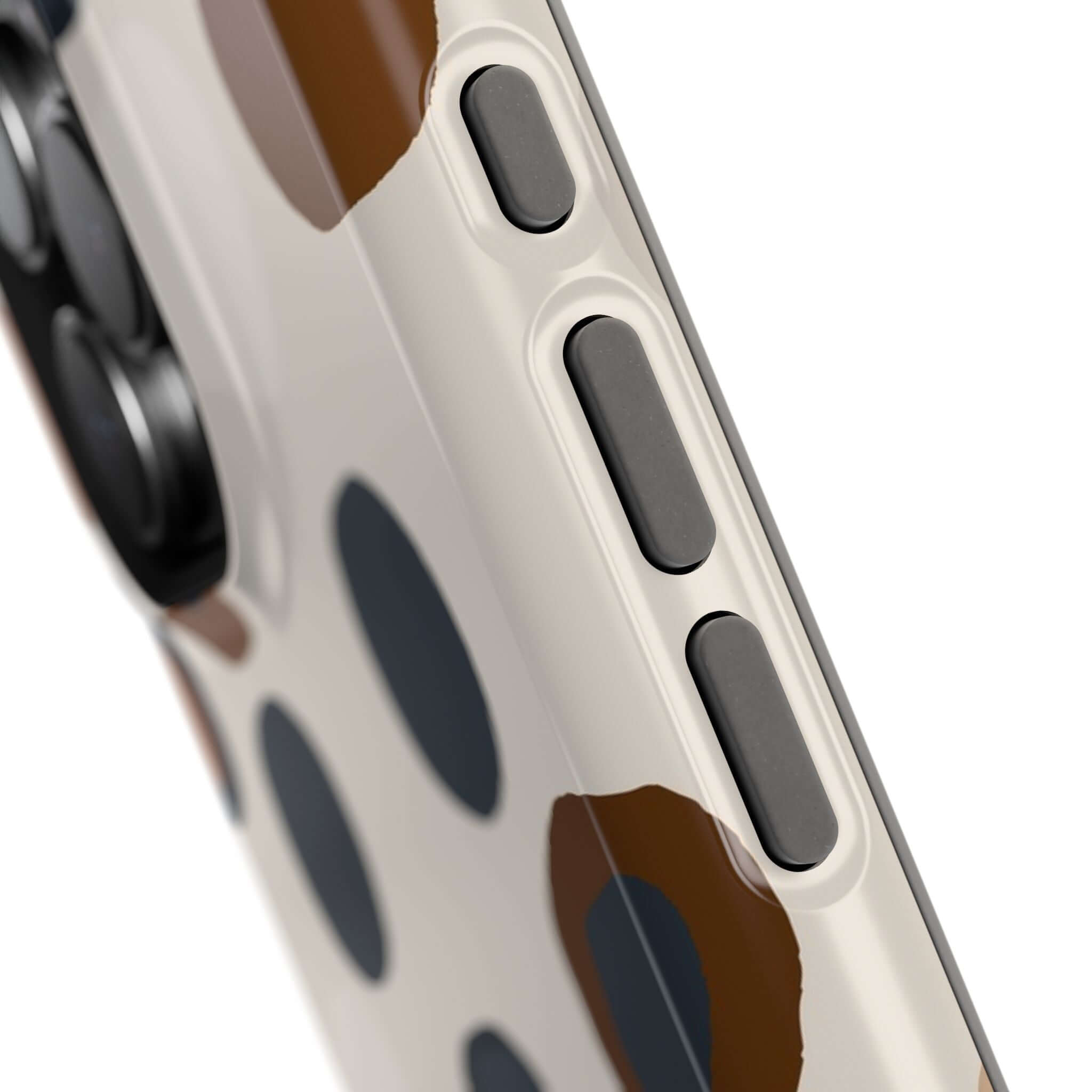 Close-up of Chic Wanderer Modern Spots Case with abstract brown spots for a colorful and cute iPhone look.