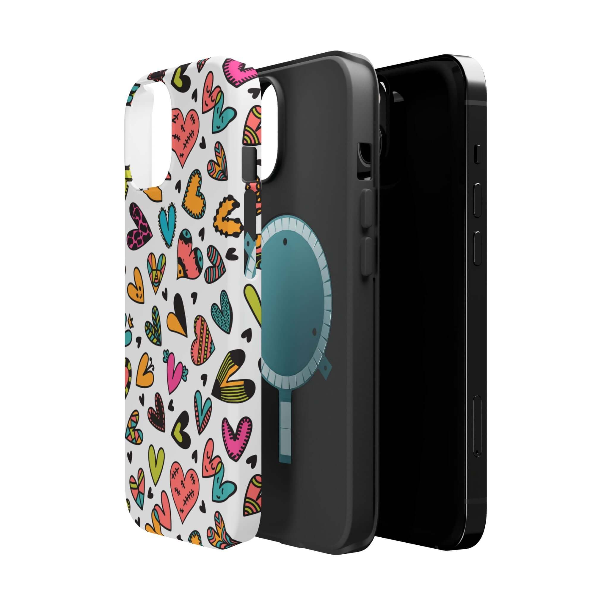 Colorful hearts iPhone case with floral designs offering cute and stylish phone protection, available with free shipping.