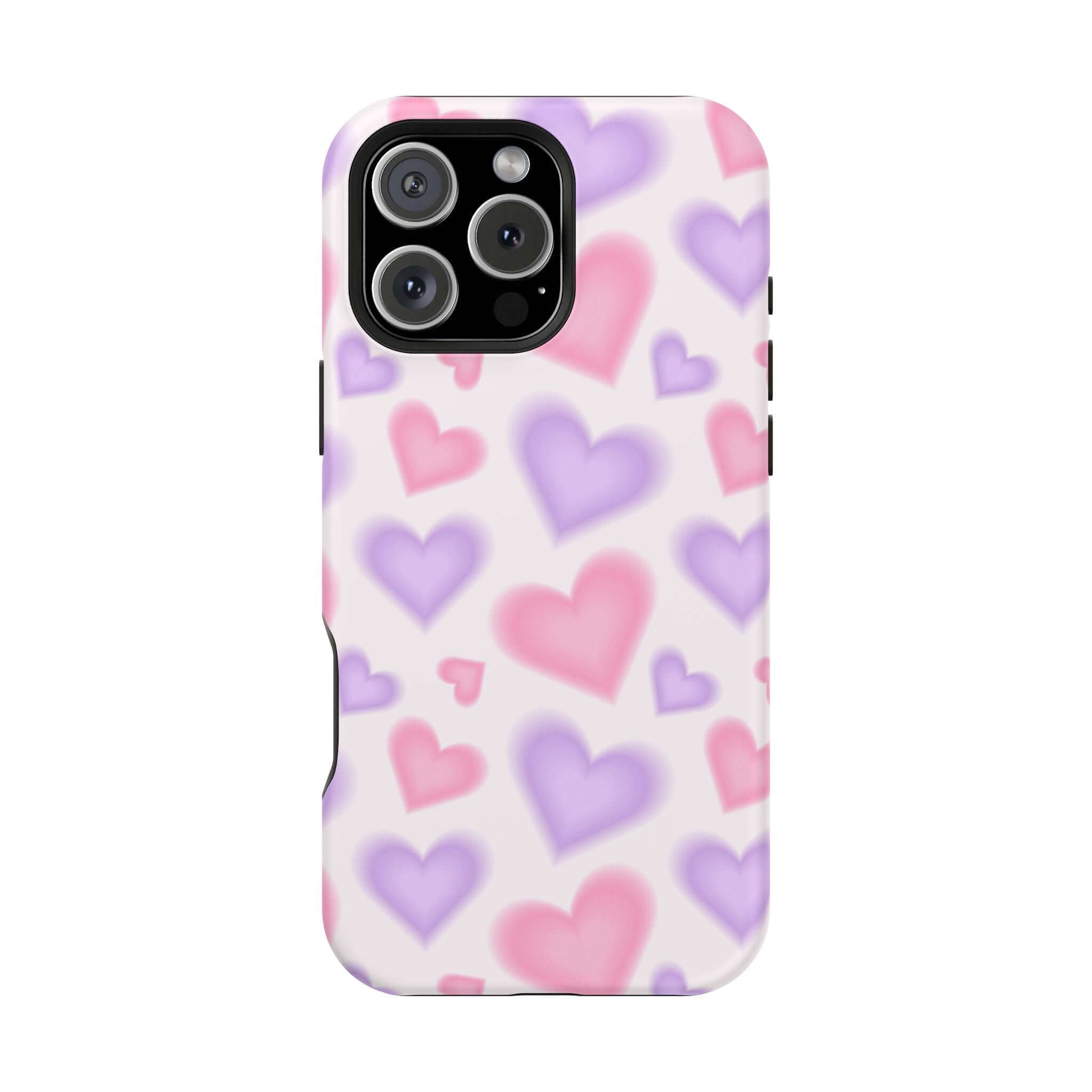 Cute phone cover featuring blurred pink and purple hearts, perfect for adding a playful touch to your Apple iPhone.