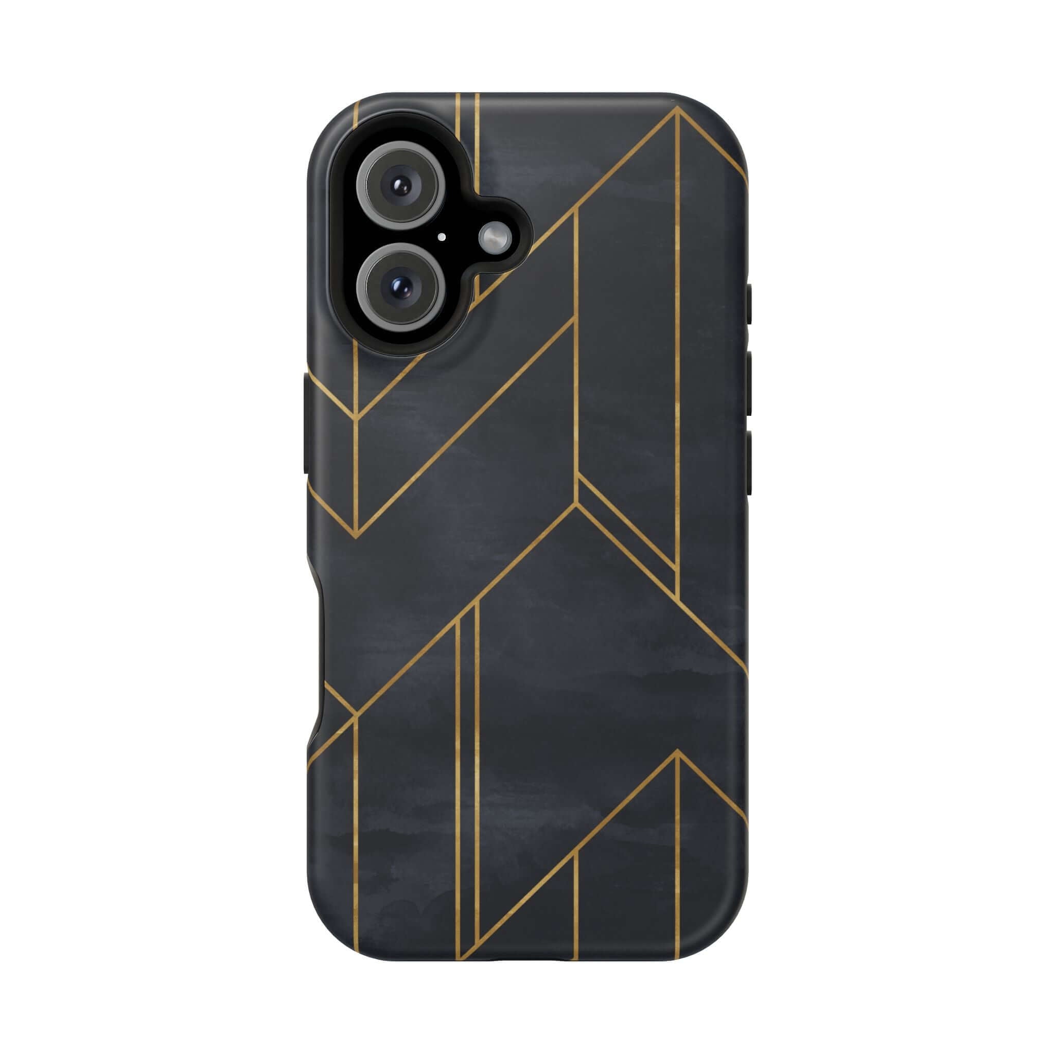 Modern geometric black iPhone case with gold lines, combining urban style and protection; sleek and cute abstract design.