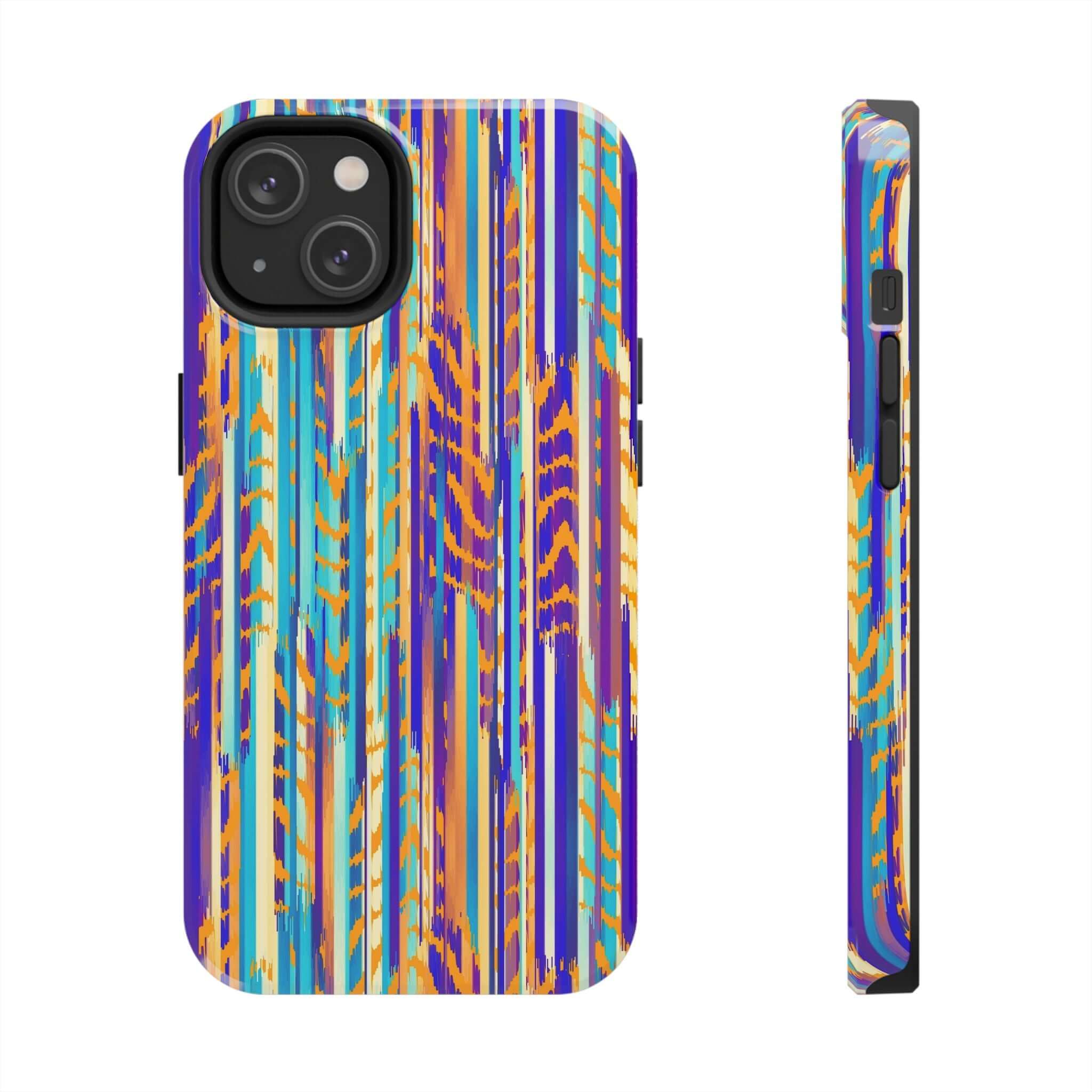 Colorful abstract tie dye iPhone case with vibrant stripes, showcasing a unique and cute design for stylish phone protection.