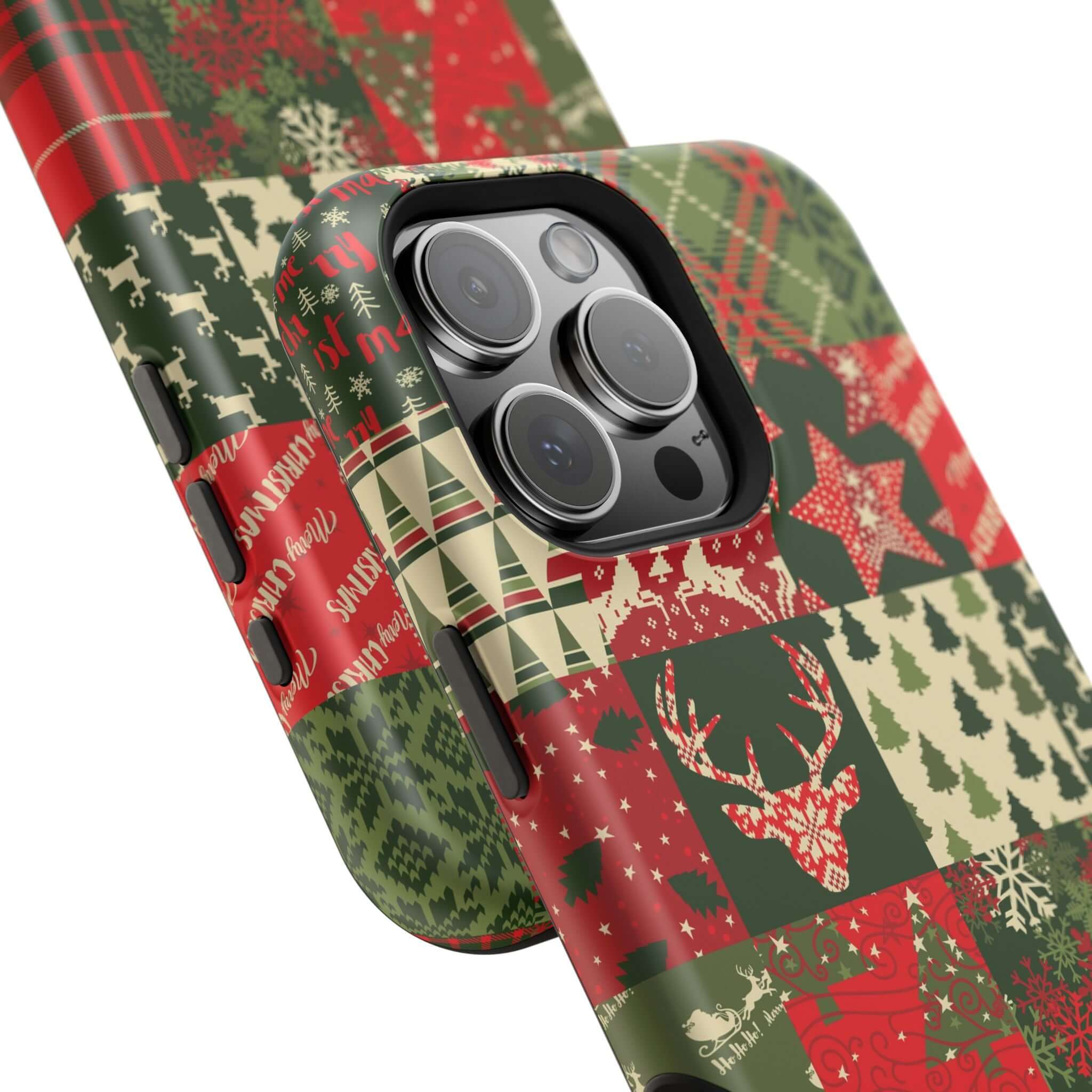 Cozy Quiltmas MagSafe case with festive Christmas patchwork design; a cute holiday phone cover for secure MagSafe attachment.