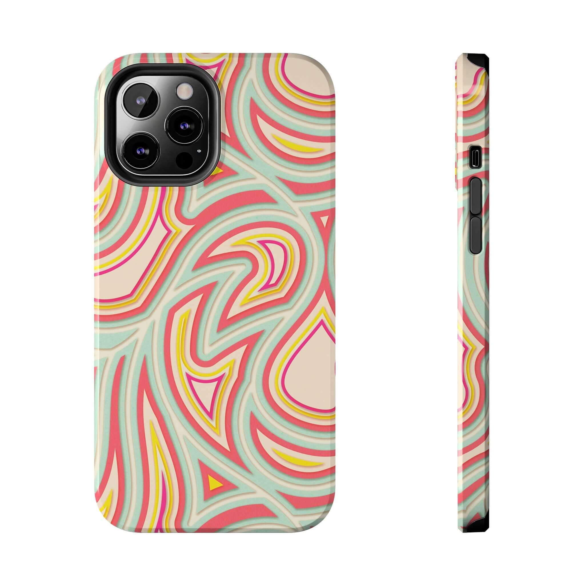 Retro abstract phone case with colorful groovy waves design for iPhone and Samsung. Cute floral-patterned protective cover.