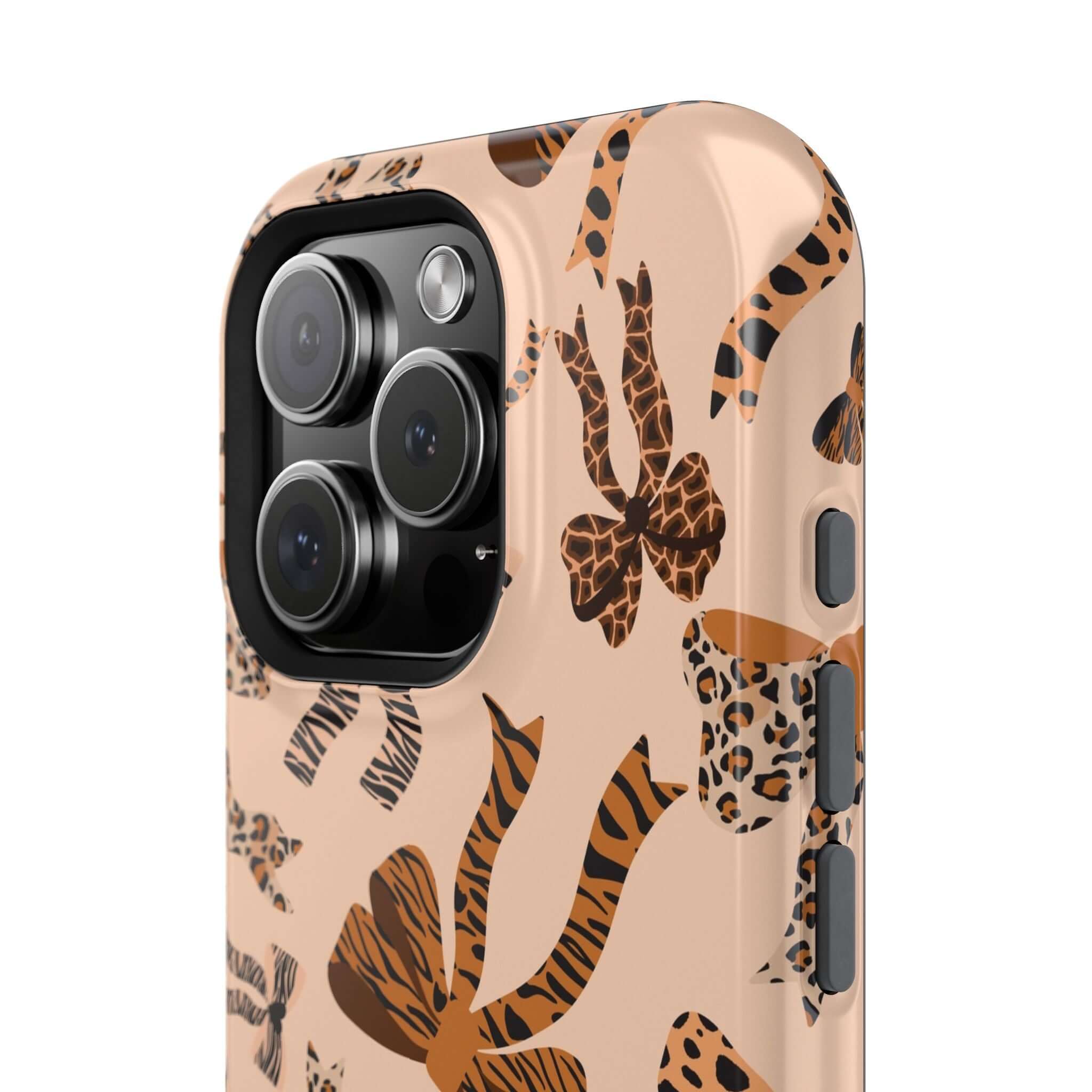 Colorful iPhone case with leopard print and cute bows, featuring a playful and abstract design for a stylish, wild look.