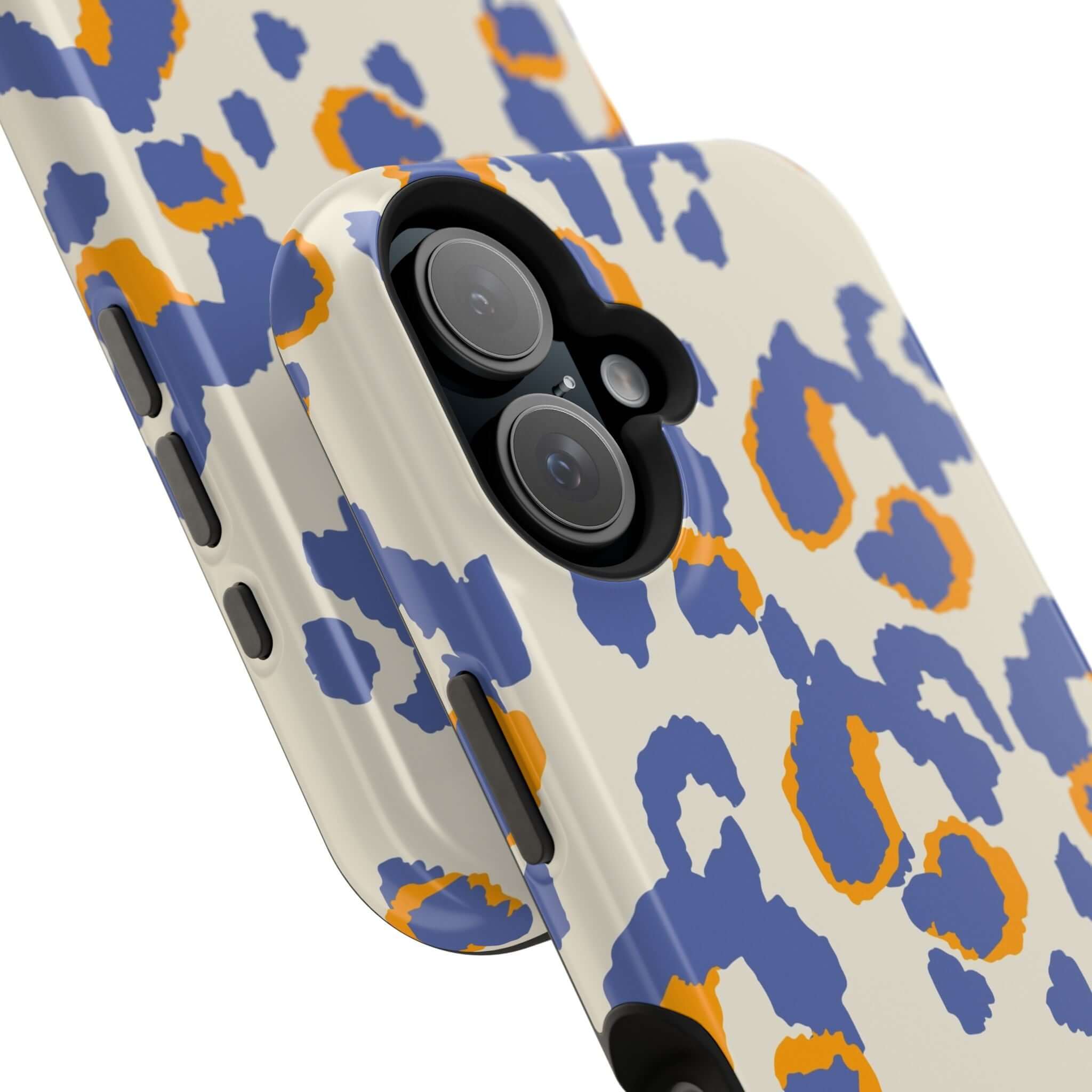 Colorful iPhone case with blue leopard print, cute and abstract MagSafe design for a wild twist on phone protection.