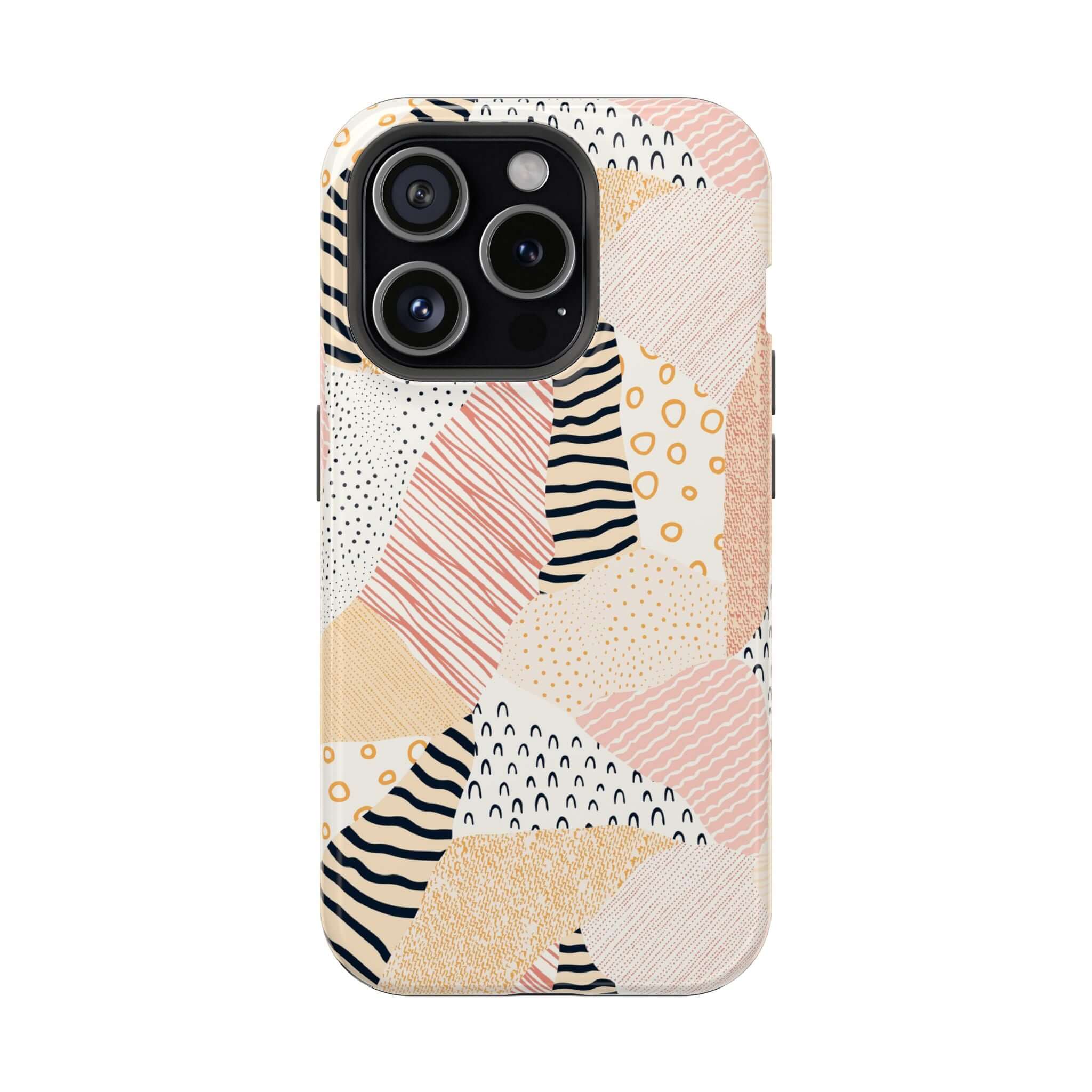 Pastel Patch colorful patchwork phone case for iPhone 16 with peach and vibrant patterns. Cute phone case for a standout style.