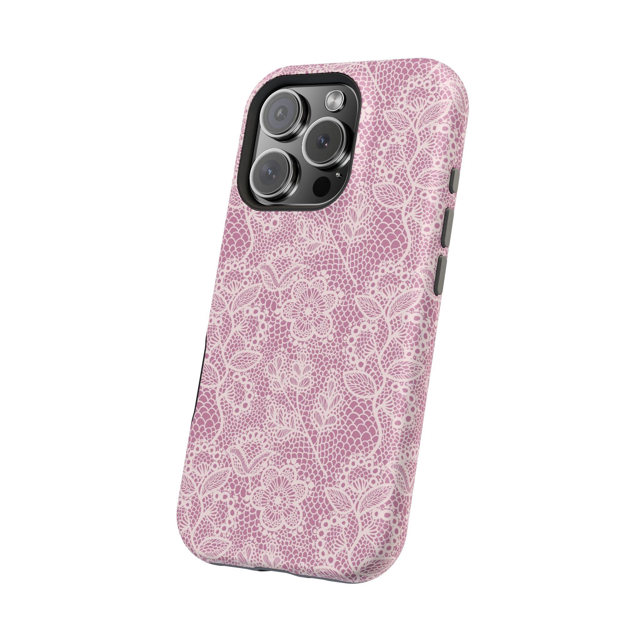 Pink Lace Floral MagSafe iPhone Case with Country Charm design, Cute Phone Cover for style and protection.