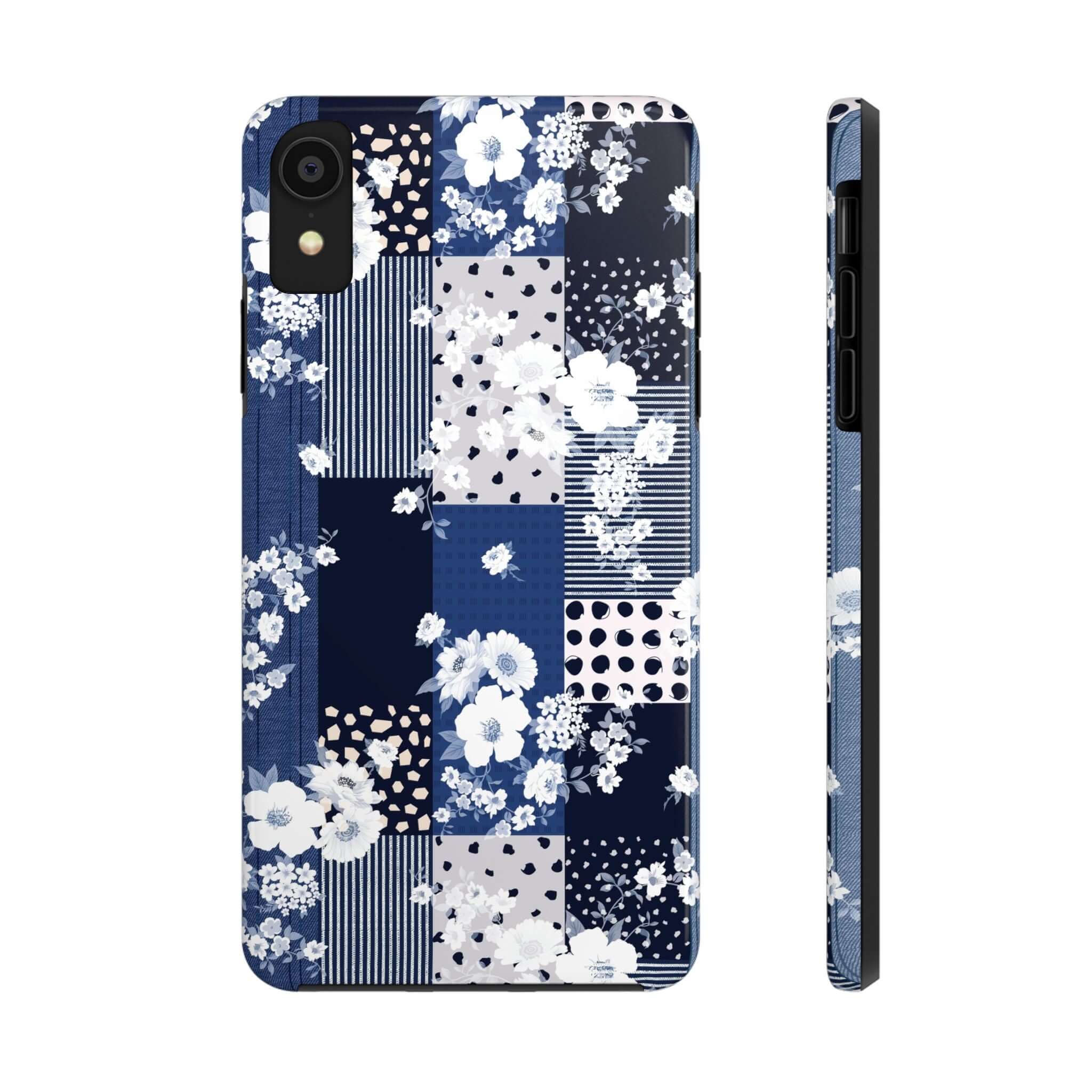 Blue floral patchwork phone case for iPhone with cute flower design, perfect for sorority book club members.