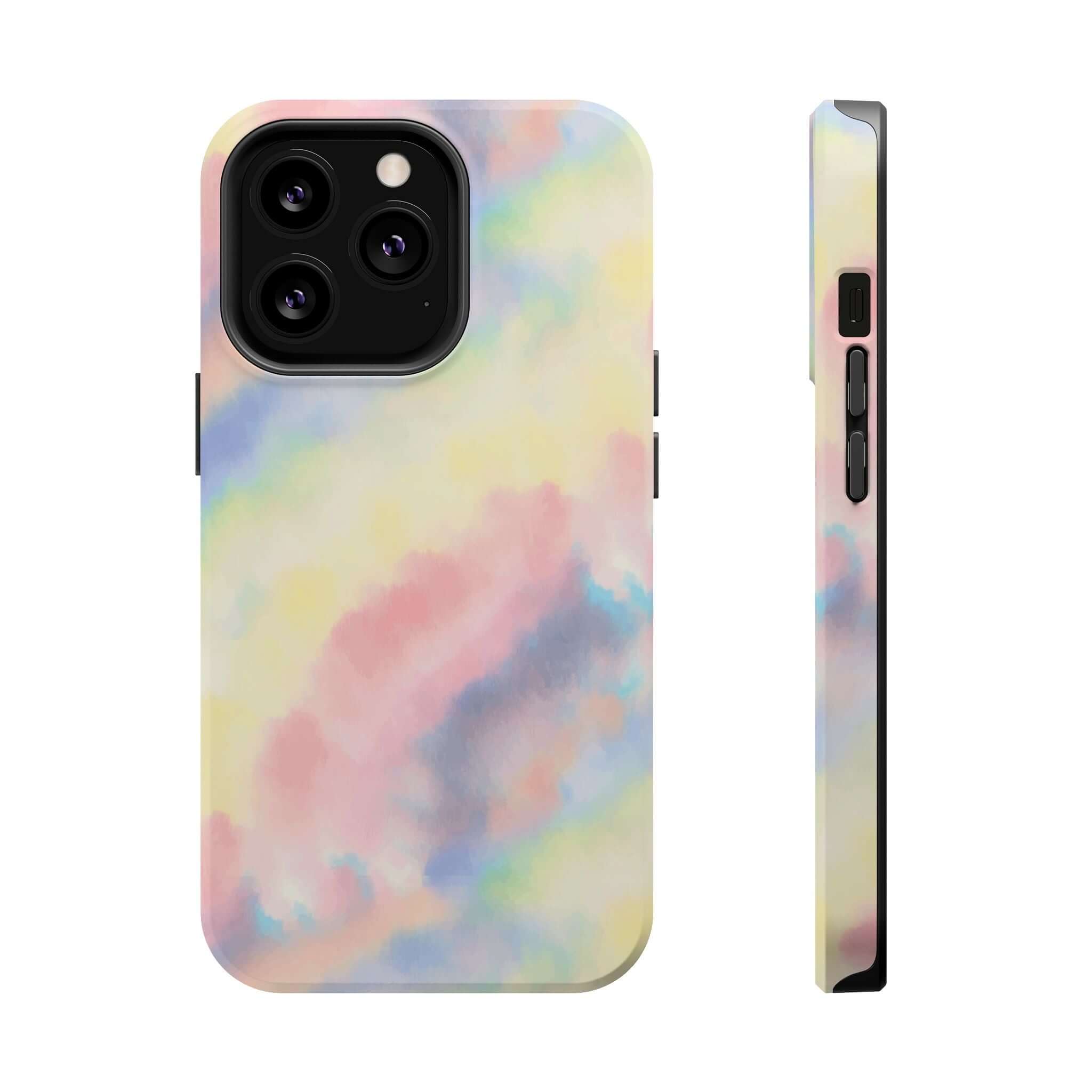 Pastel tie dye cute iPhone case with MagSafe, showcasing colorful custom phone case design, Unicorn Dreams.