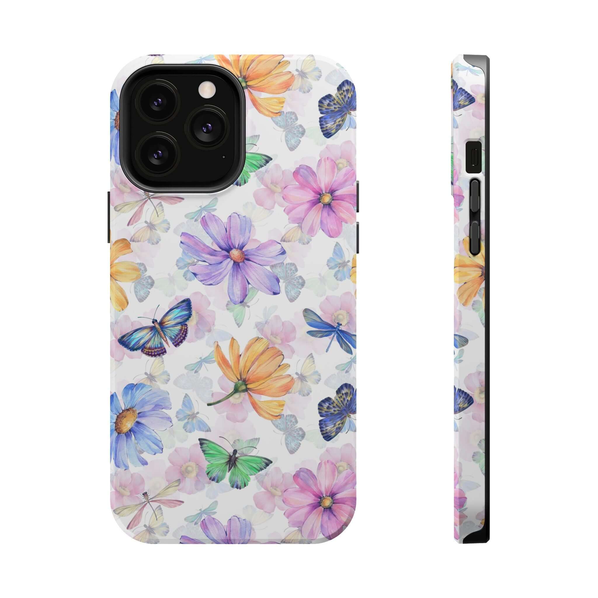 Cute MagSafe iPhone 16 case with watercolor butterfly and flower design - Fluttering Blooms Protective Phone Case