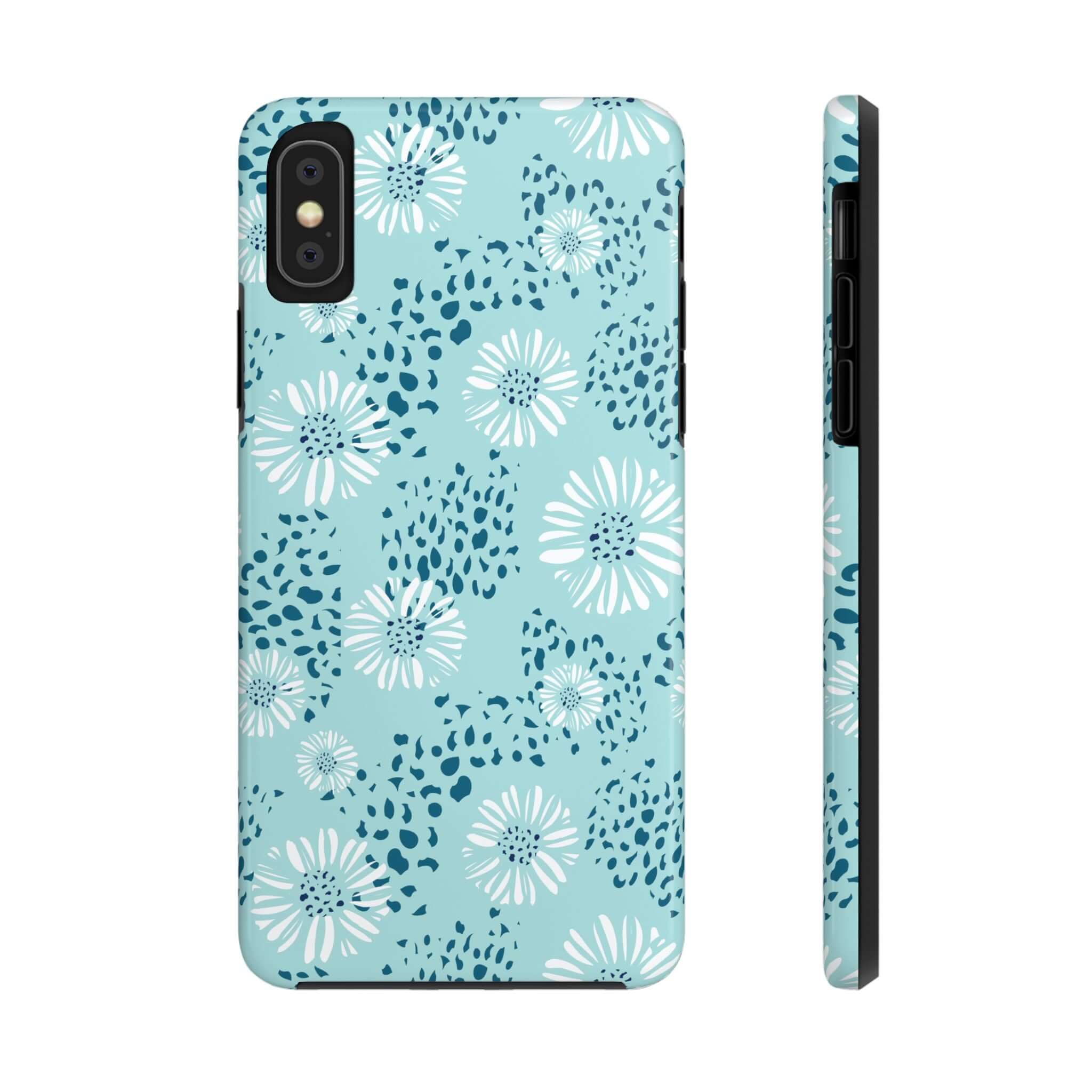 Coastal Aesthetics Floral Beach iPhone case with teal and white flower design, colorful and cute phone case for iPhone 14 Pro Max or Samsung S23