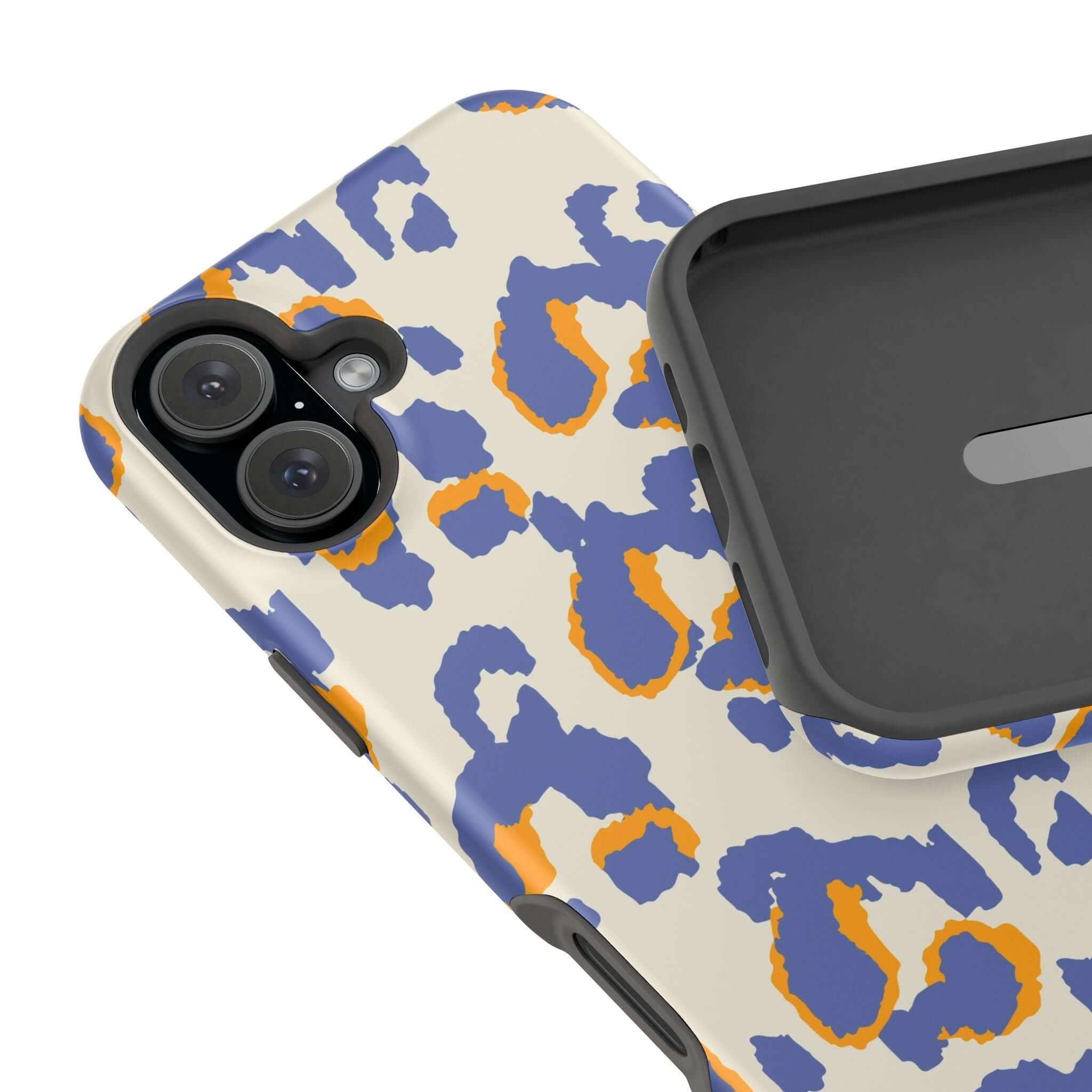 Blue leopard print iPhone case with colorful and abstract design, featuring MagSafe compatibility for a stylish and cute phone protection.