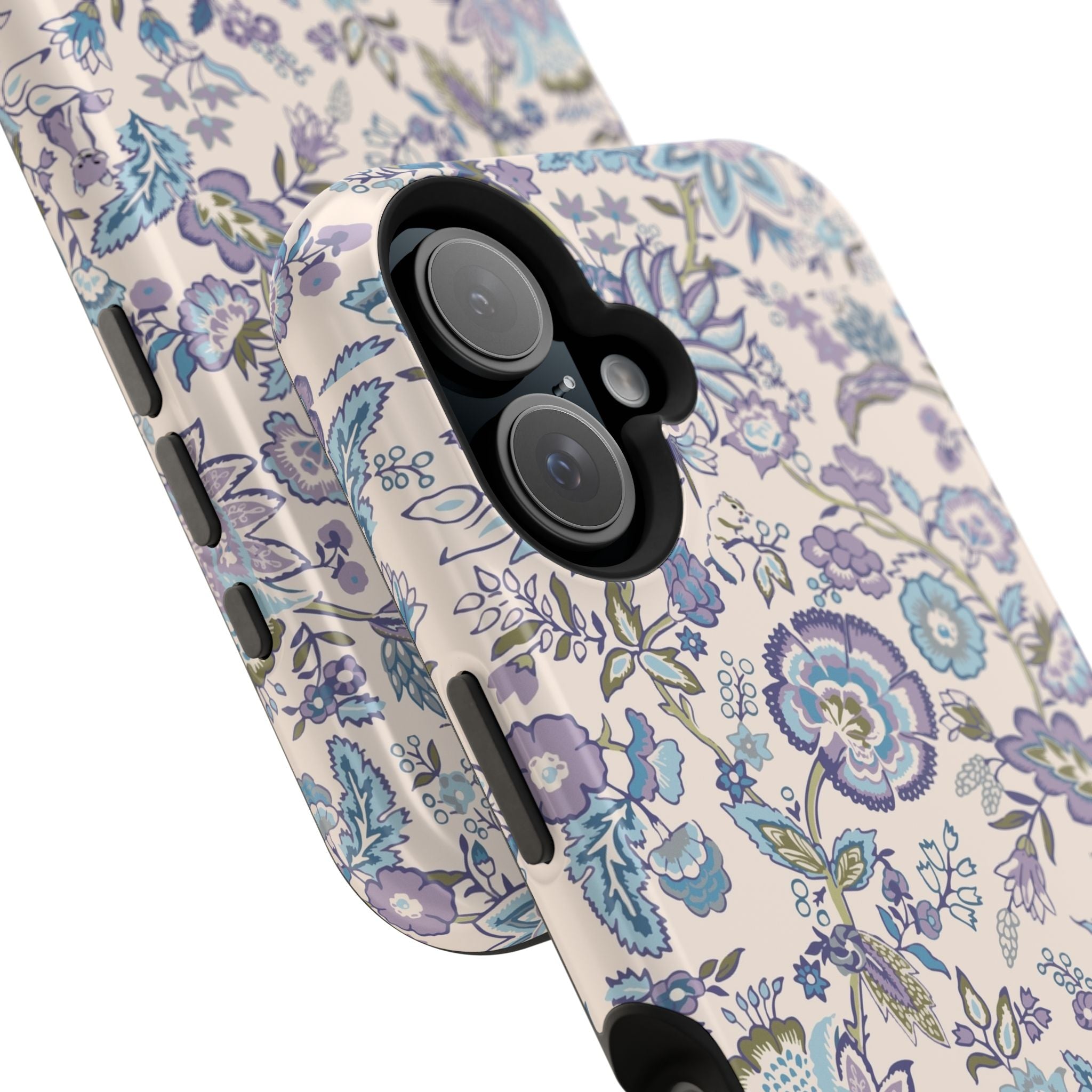 Blue CottageCore floral MagSafe iPhone case, a cute phone cover with whimsical nature design, perfect floral iPhone case style.