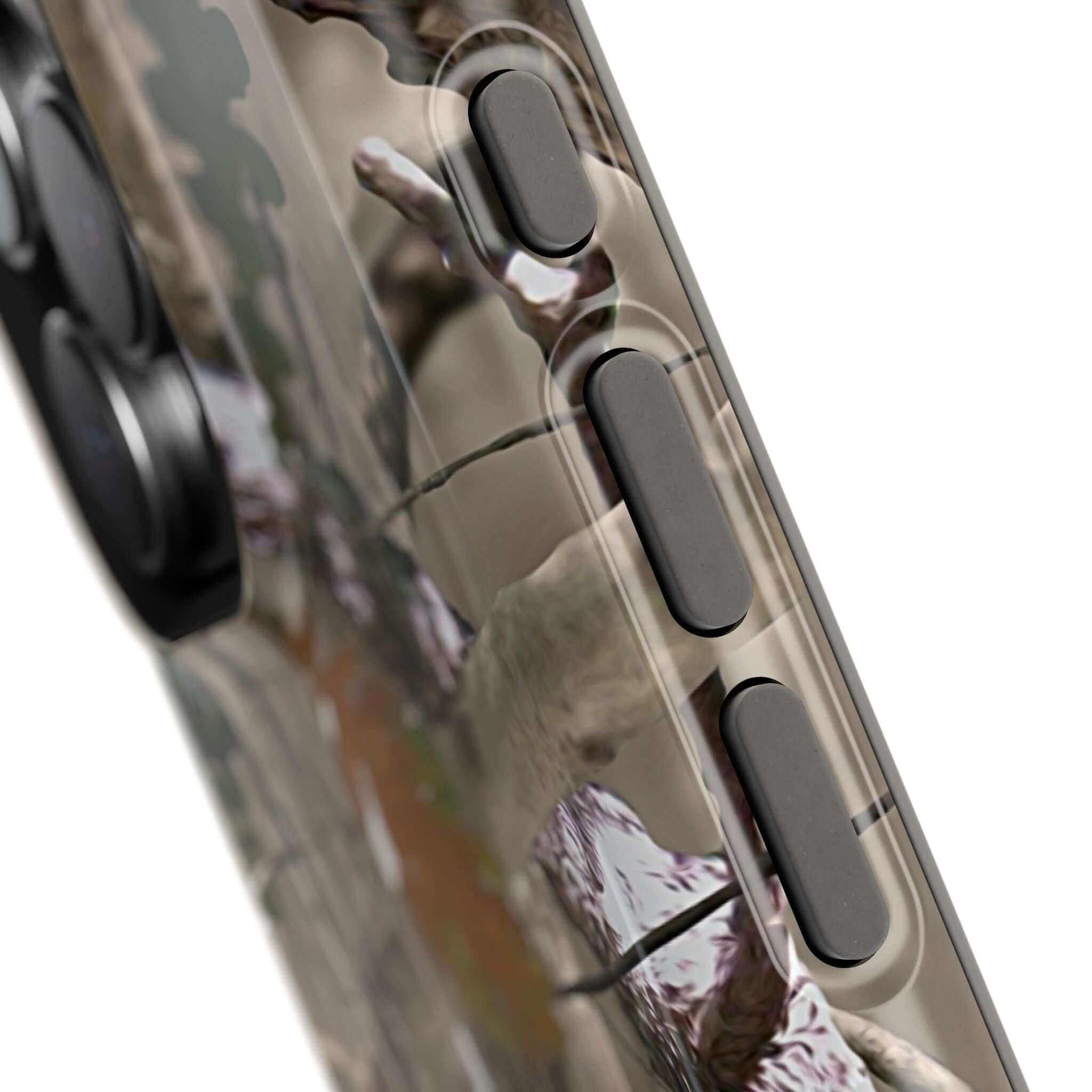 Close-up of Forest Camo phone case with MagSafe compatibility, featuring a modern animal print design for iPhone.