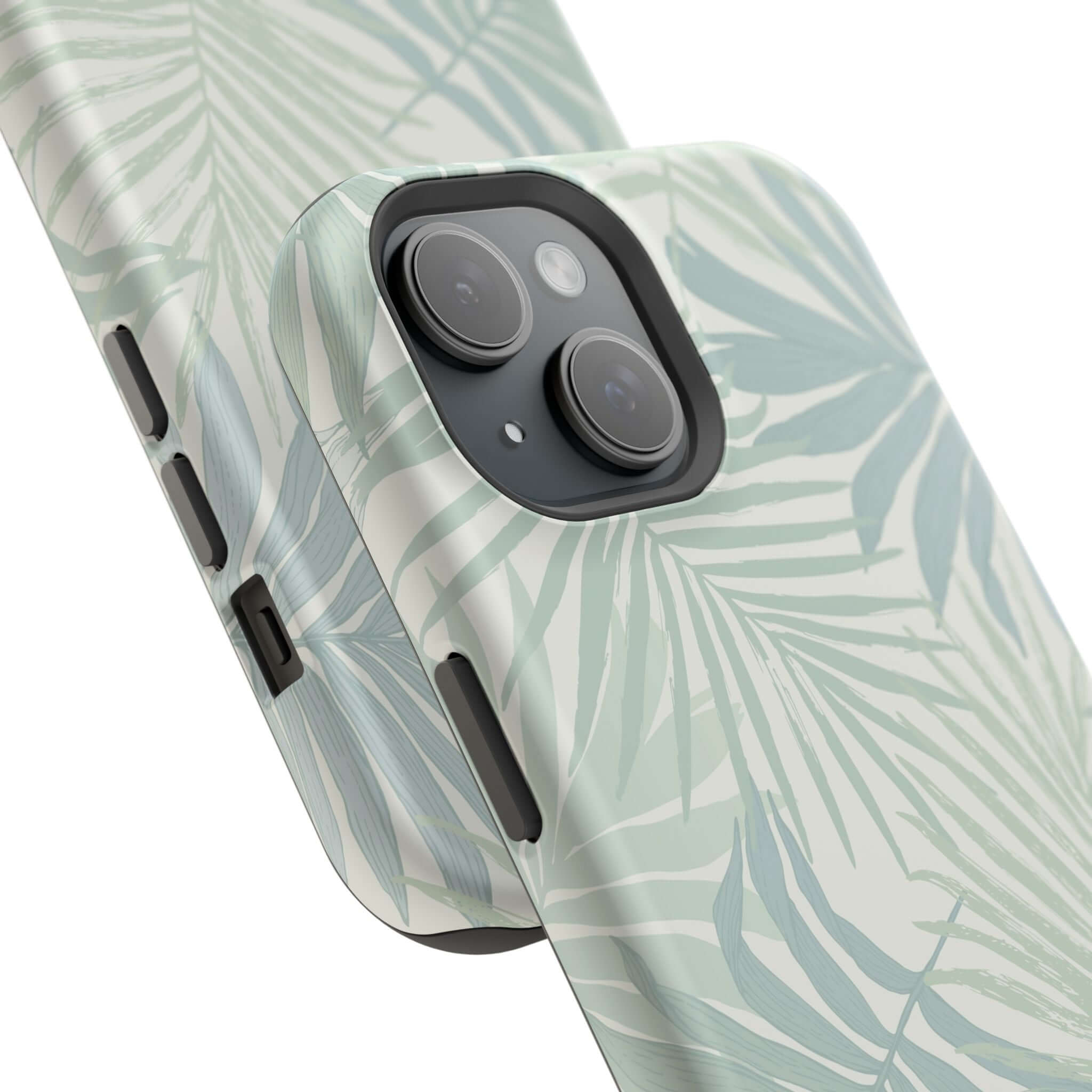 Teal Tropical iPhone case with palm tree design and MagSafe technology for cute and stylish protection, free shipping available.