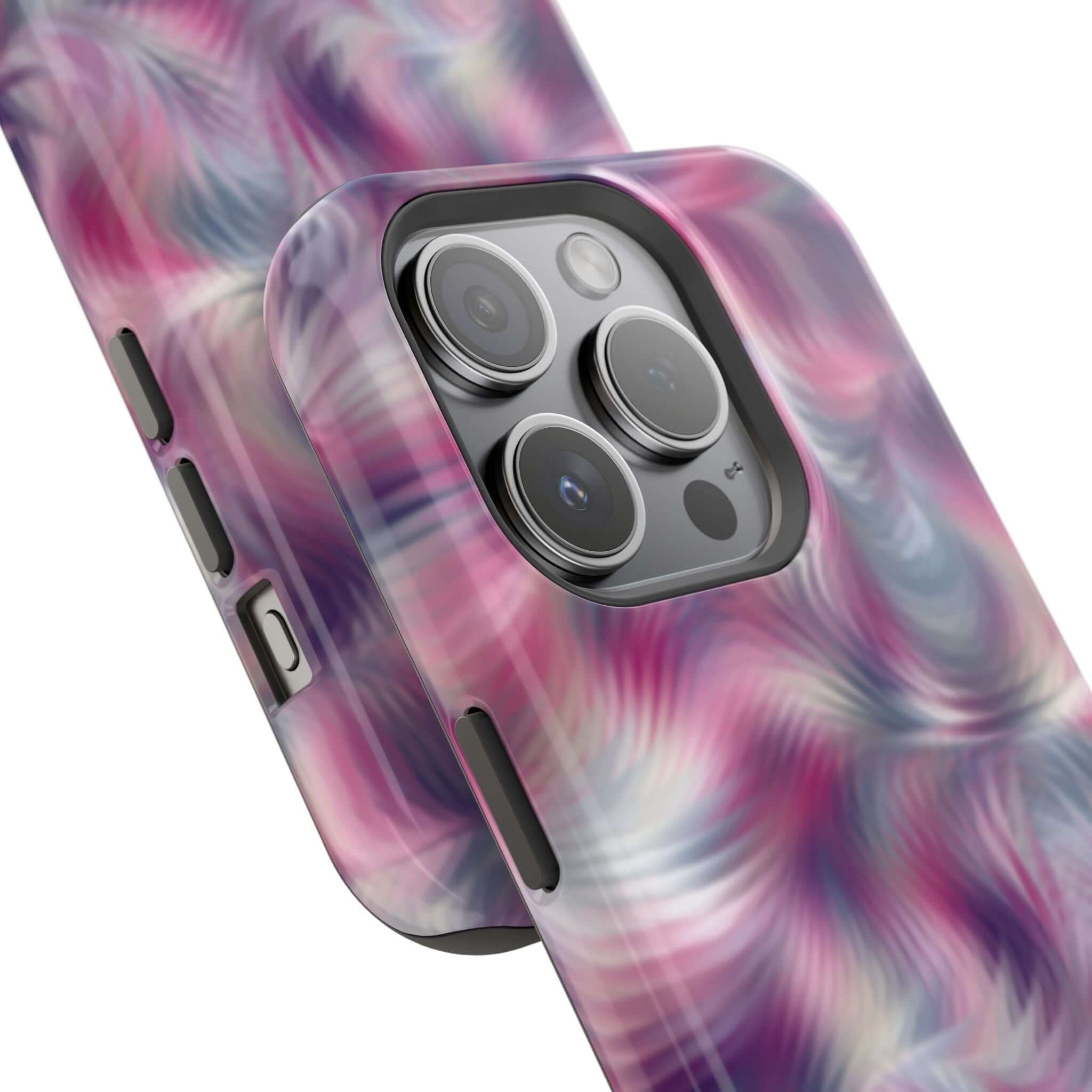 Purple abstract swirl MagSafe iPhone case with cute tie dye design, perfect quirky phone cover for playful personality and protection.