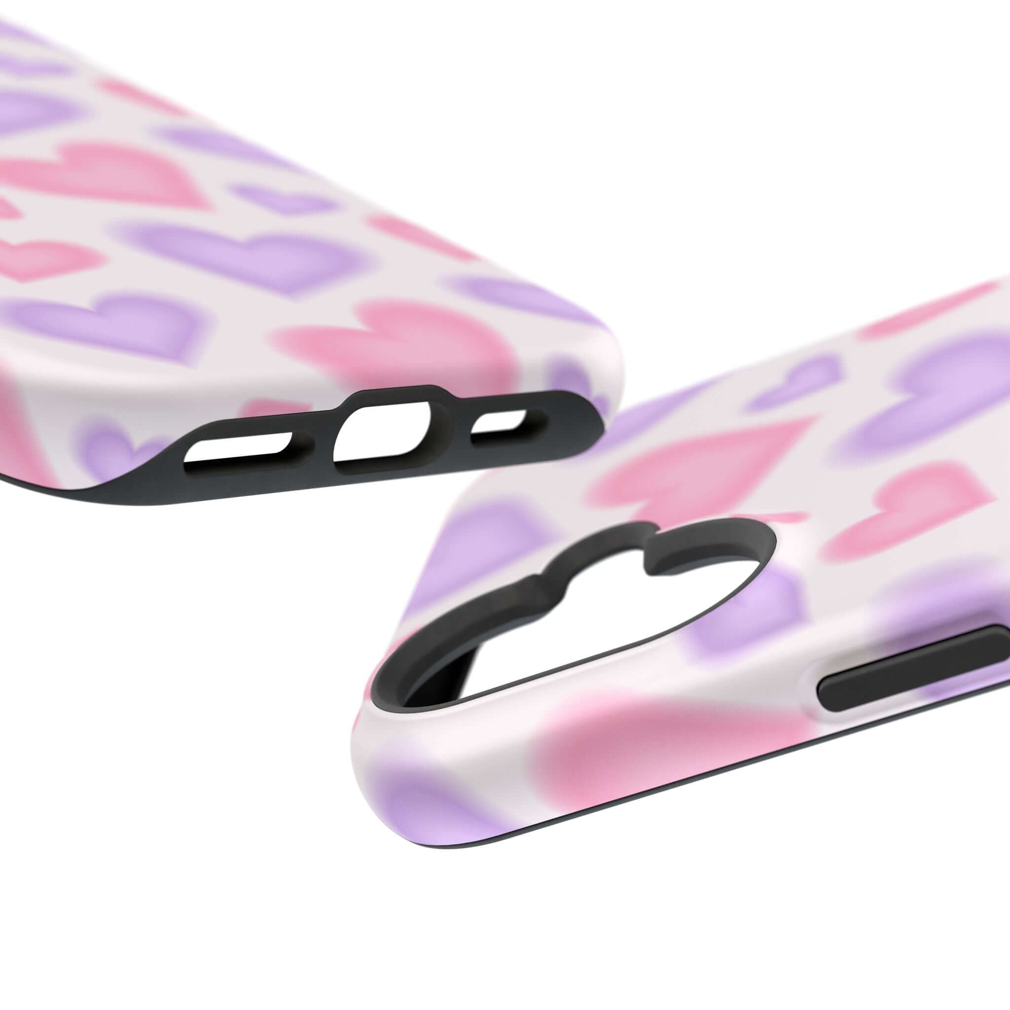 Cute iPhone case featuring blurred pink and purple hearts, perfect for adding love and style to your phone.