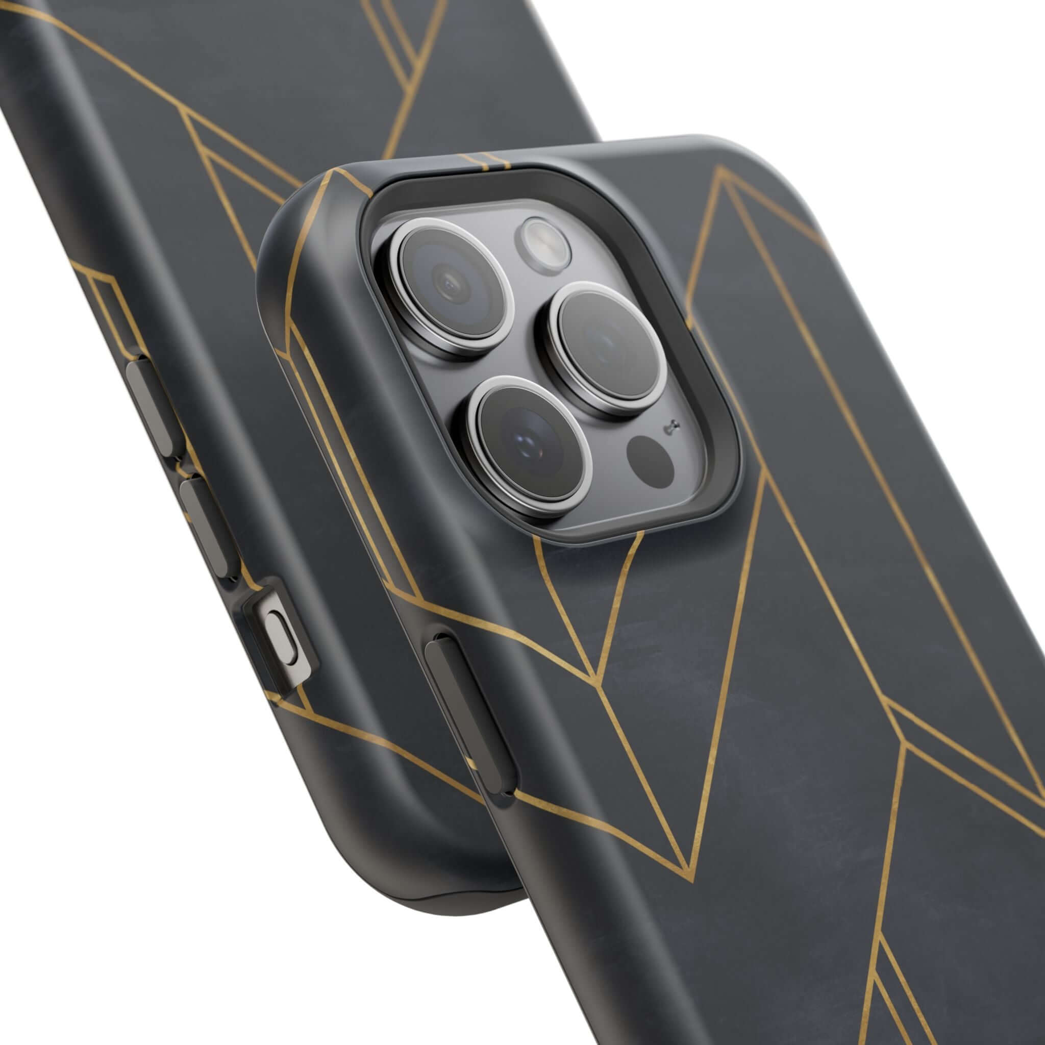 Modern geometric design on sleek black iPhone case with abstract gold lines, perfect for a colorful and cute urban vibe.