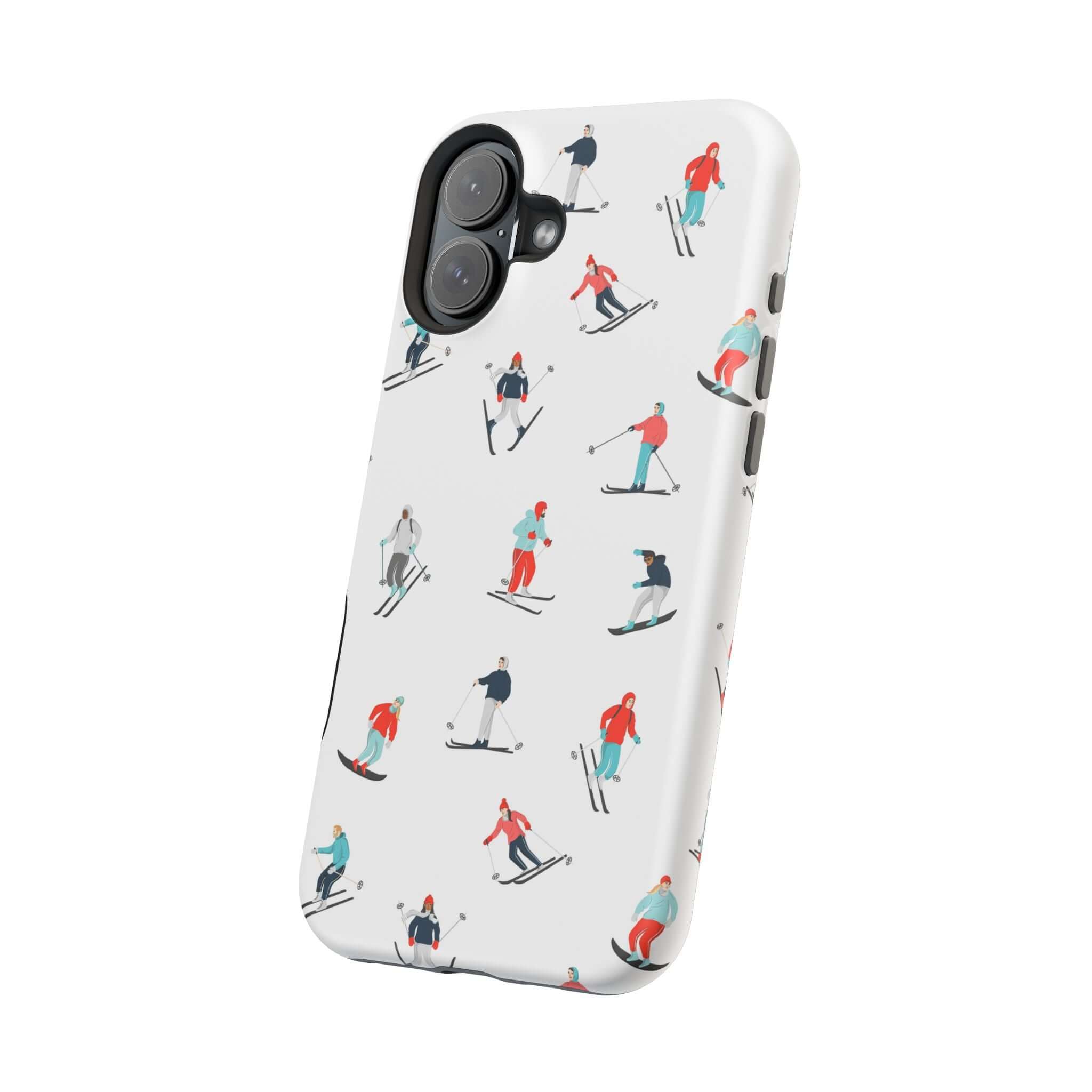 Cute Snowy Slopes phone case featuring skiing designs, perfect for winter sports enthusiasts and iPhone protection.