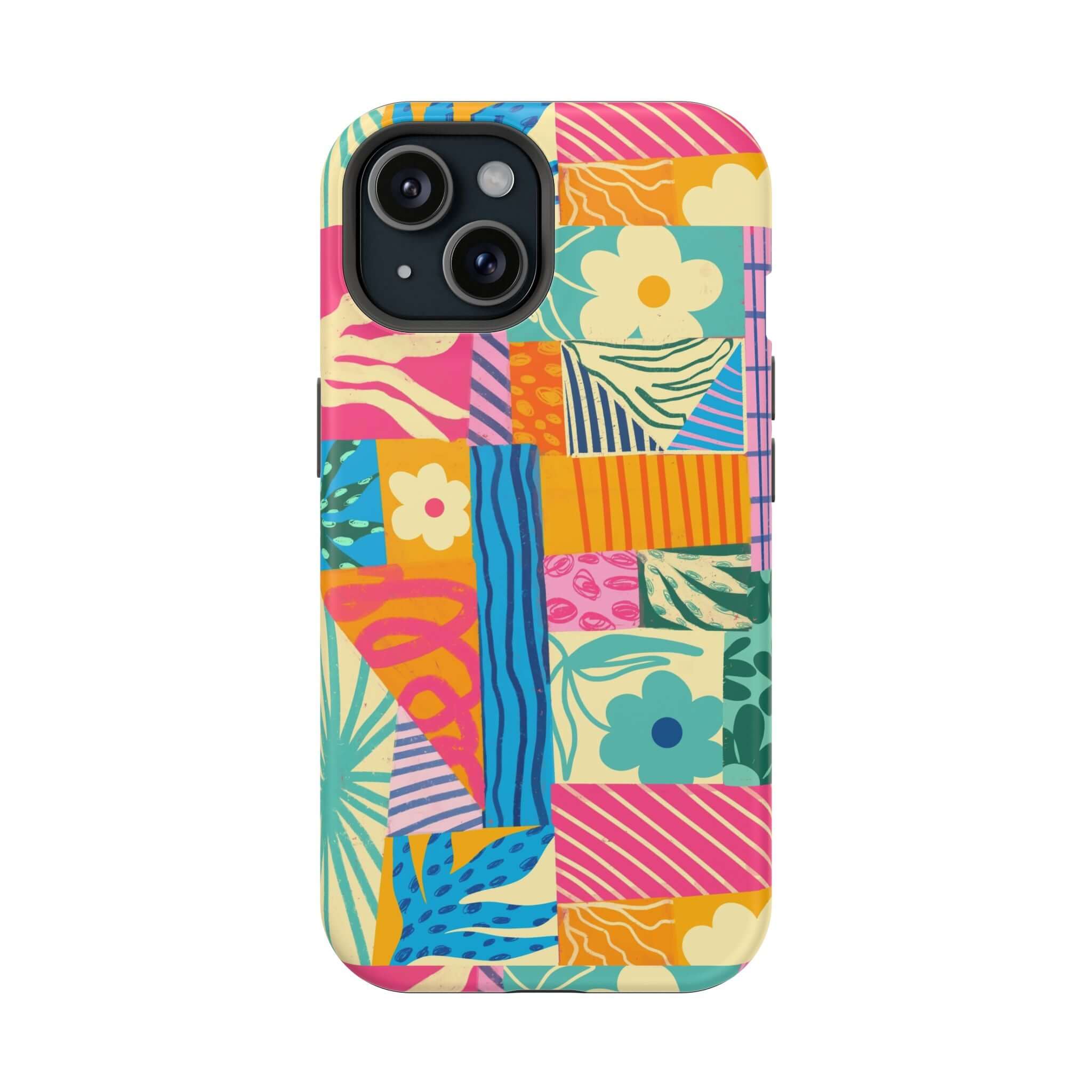 Colorful patchwork phone case for iPhone, perfect for beach lovers. Cute and playful design, adds a pop of color to any outfit.