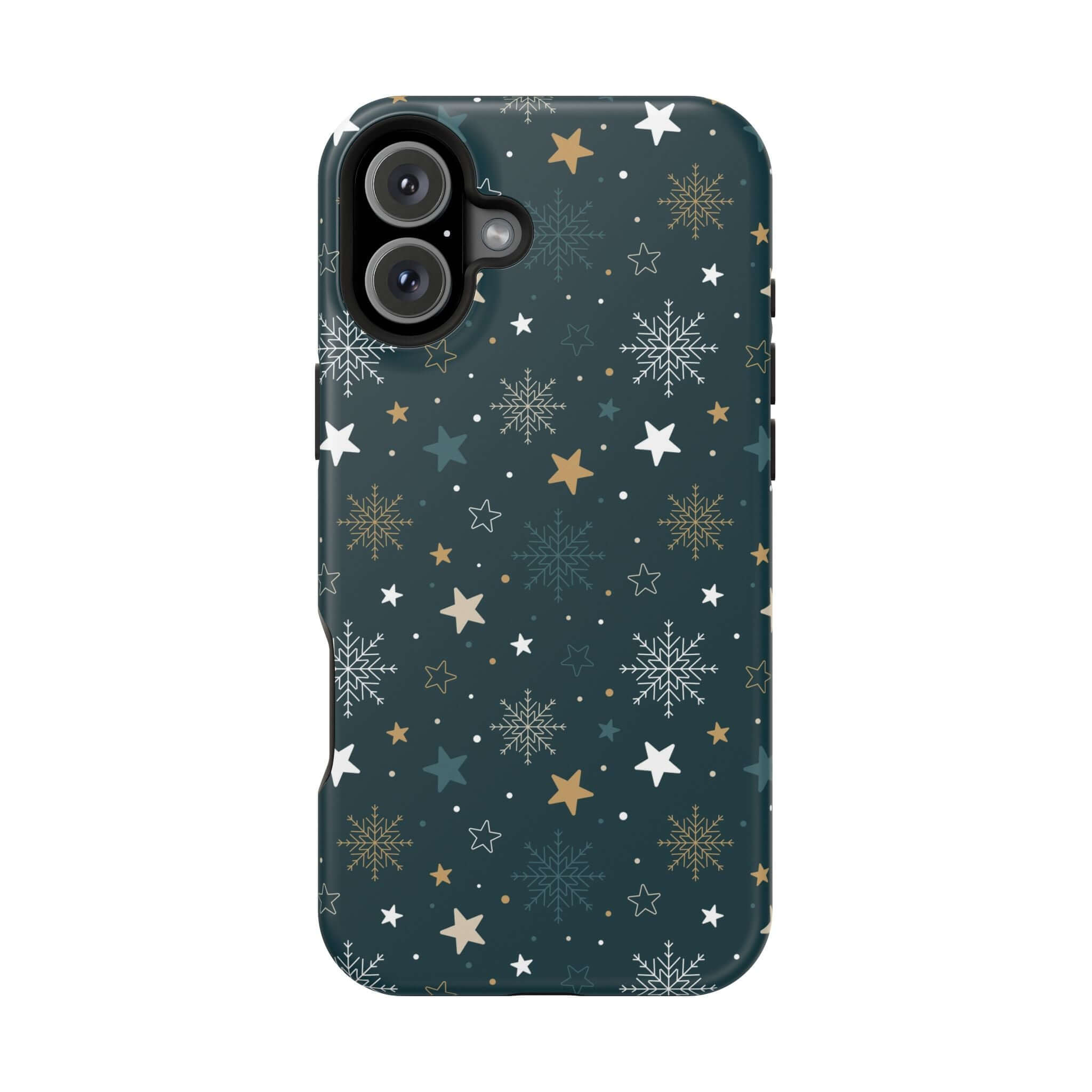 Festive Christmas phone case with snowflakes and stars design, featuring MagSafe compatibility for secure holiday cheer.