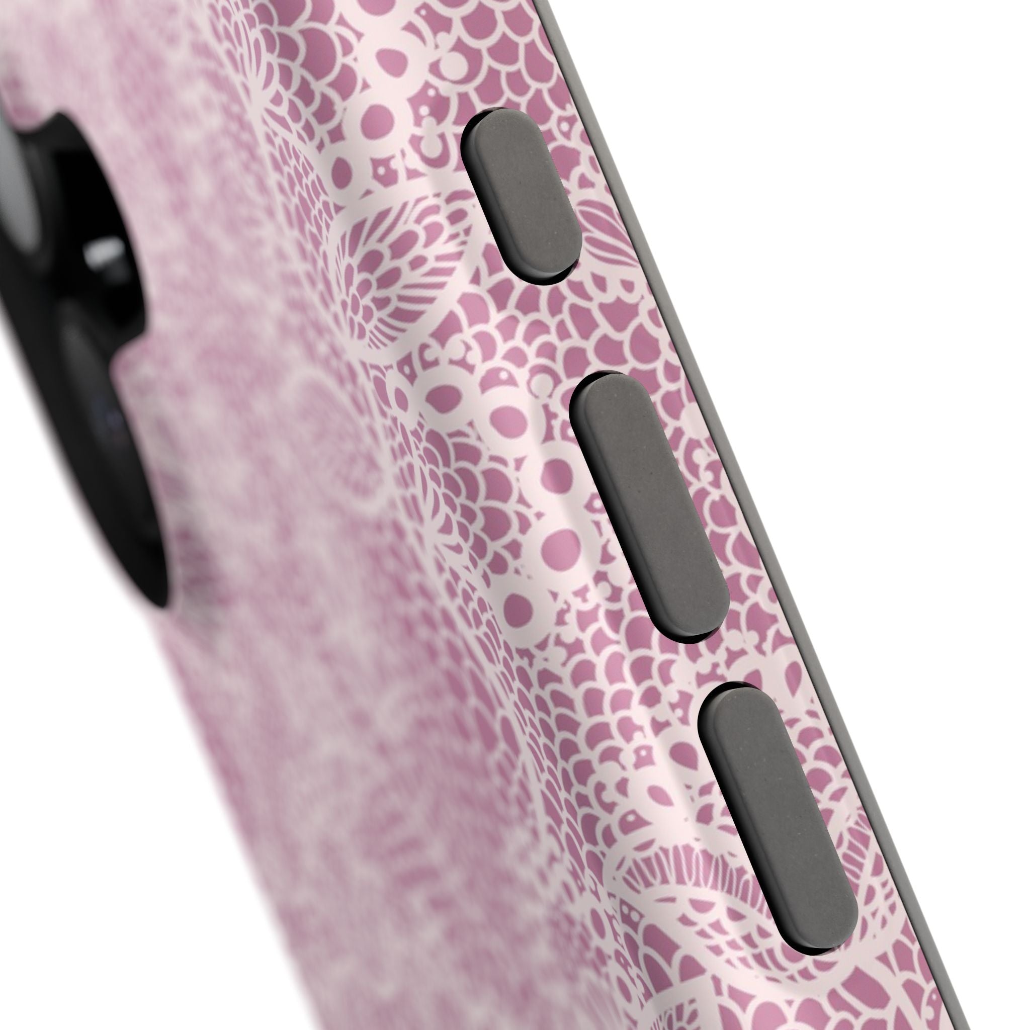 Pink Lace MagSafe iPhone Case with floral design, close-up showing button details on a cute phone cover.