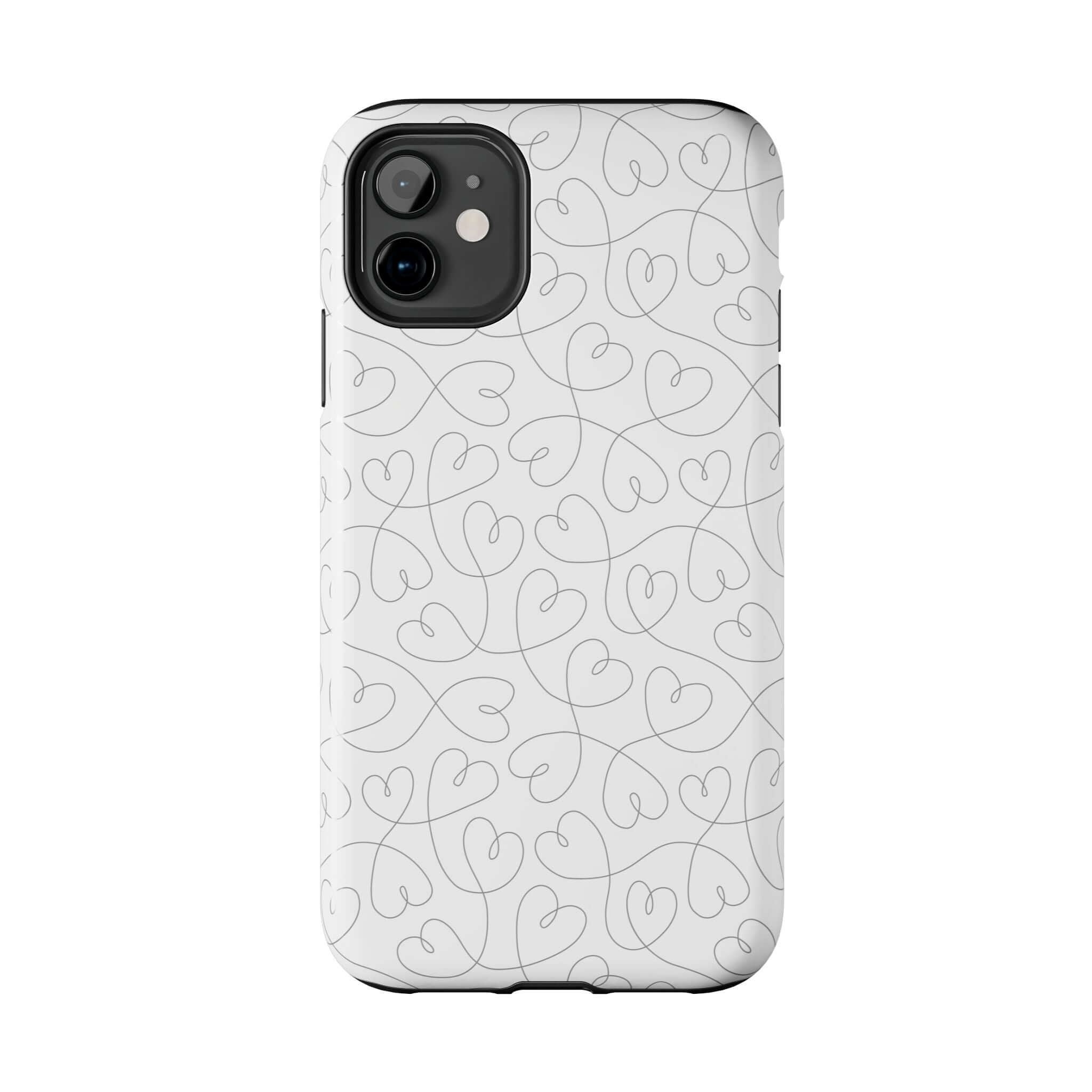 Silver Hearts Romance iPhone 14 Pro Max Case with abstract heart design, ideal for brides and weddings, cute phone case on silver background.