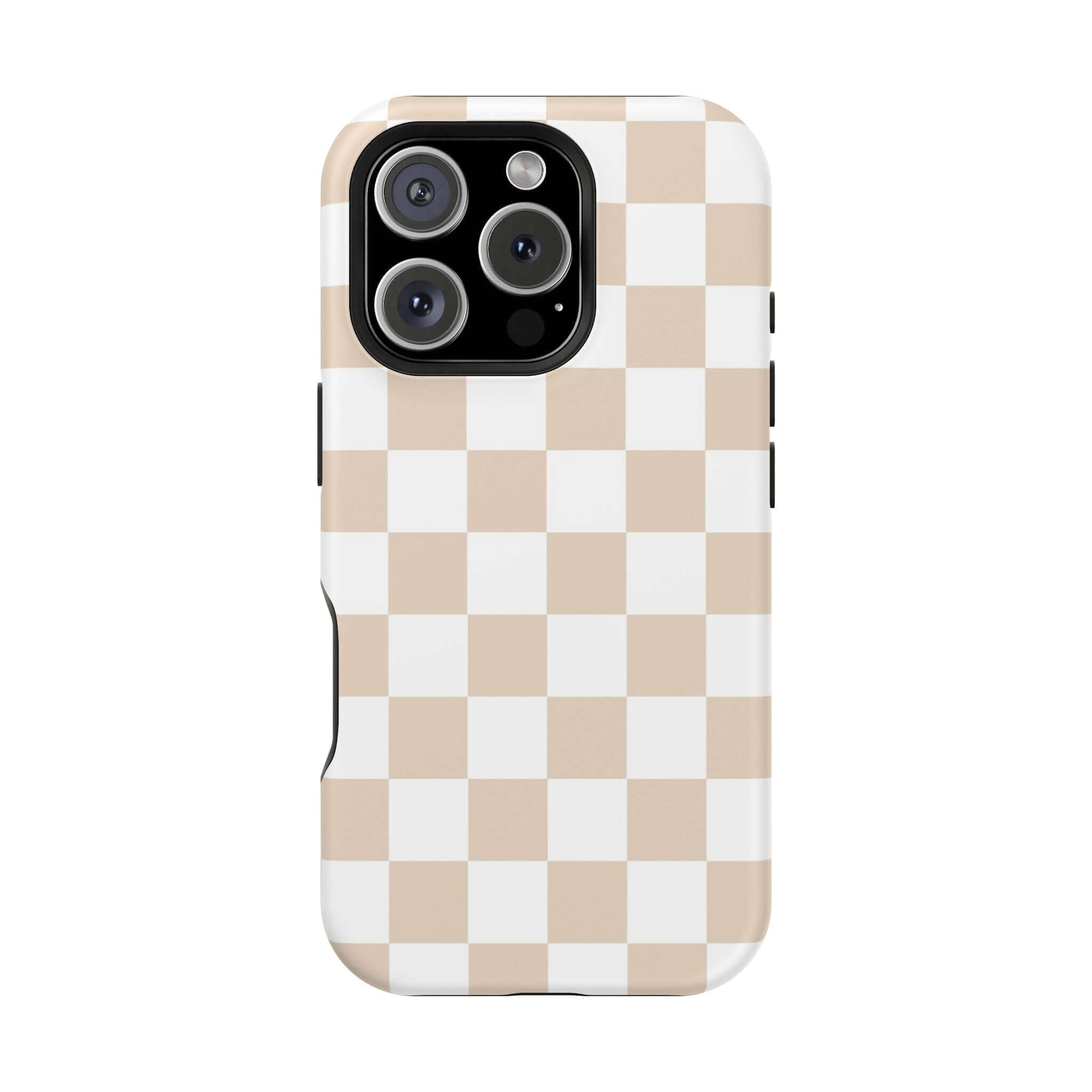 Cream checkered cute MagSafe iPhone 16 case with beige print. Cute protective phone case. Trendy accessory.