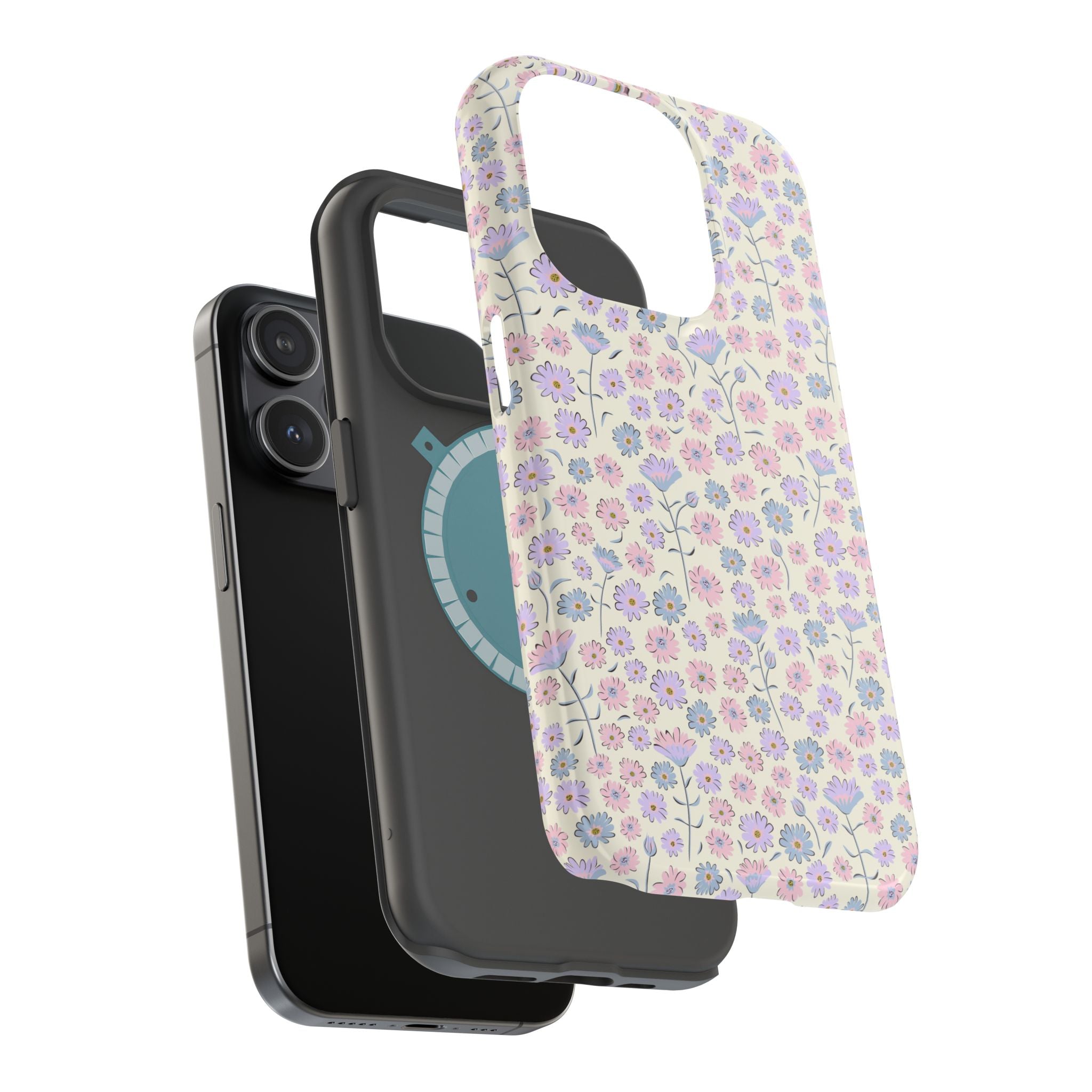 Pink flower iPhone 16 case with delicate floral design, perfect for a cute phone cover and protective MagSafe compatibility.