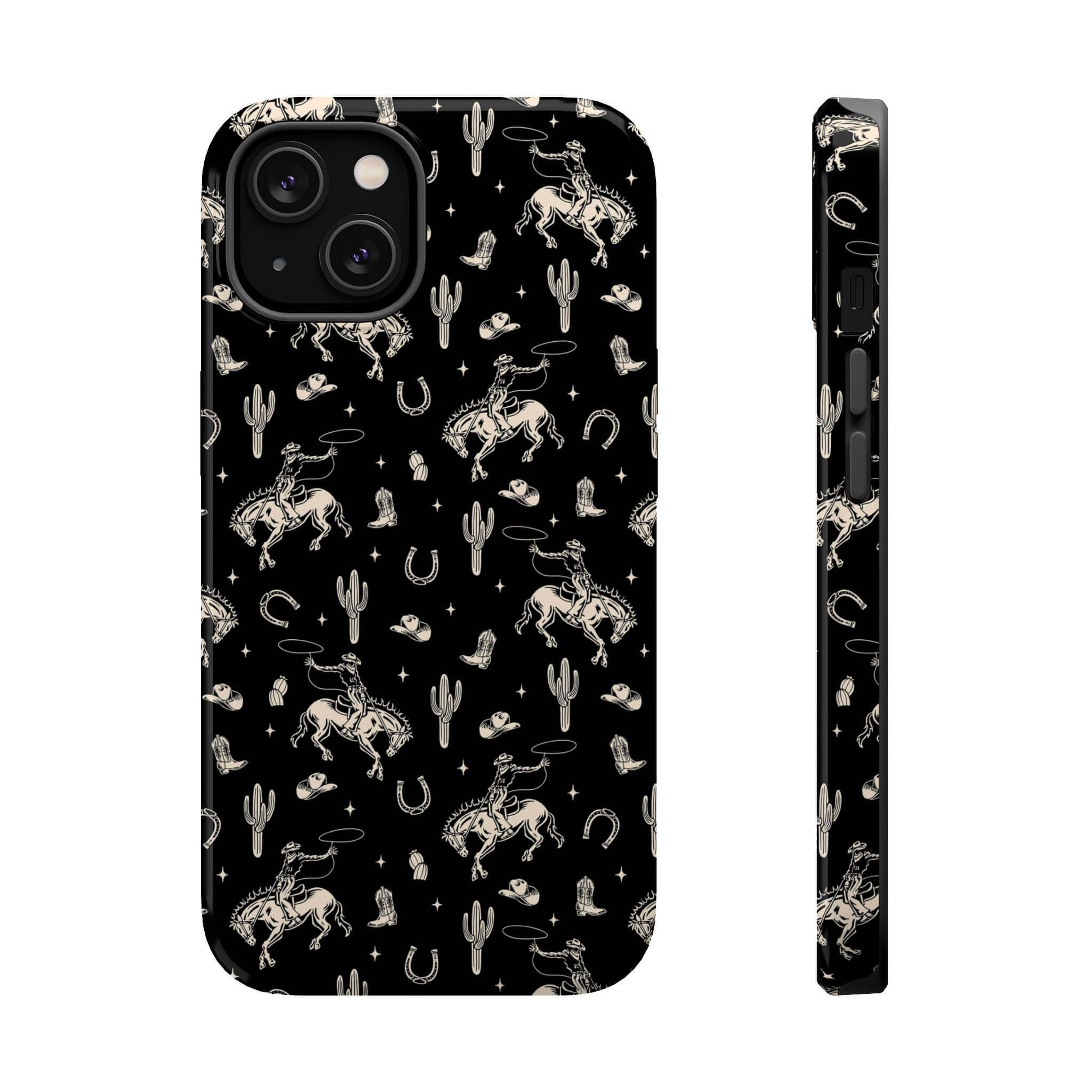 Twilight Cowgirl black western iPhone case with cowgirl and flower motifs, offering cute style and free shipping for cowgirl collections.