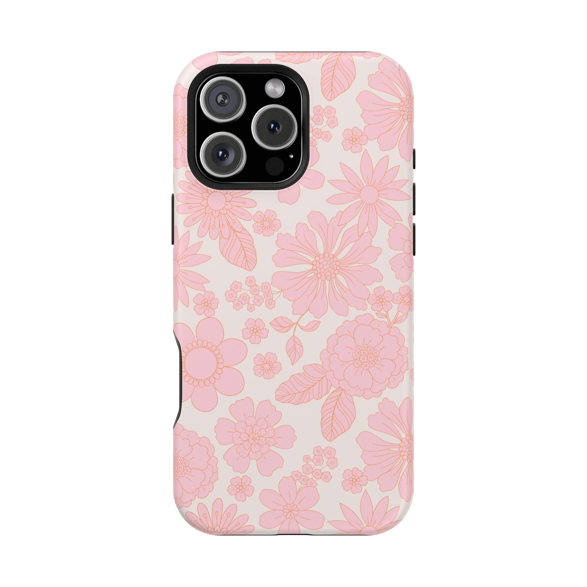 Pink floral iPhone 16 MagSafe case with charming petals, cottagecore style, cute phone cover for girly vibes.