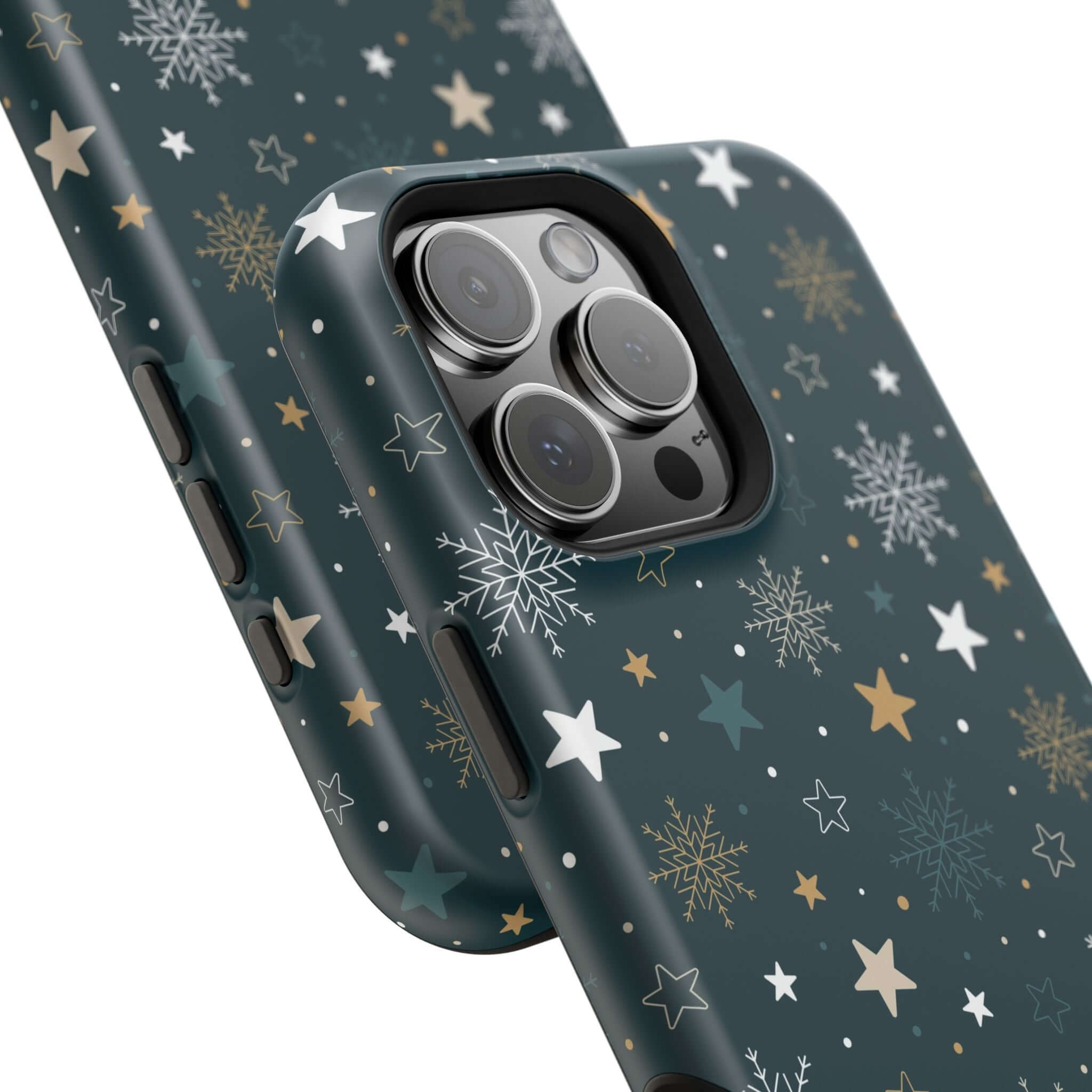 Festive Christmas phone case with snowflakes and stars design, featuring MagSafe compatibility for easy, secure holiday charging.