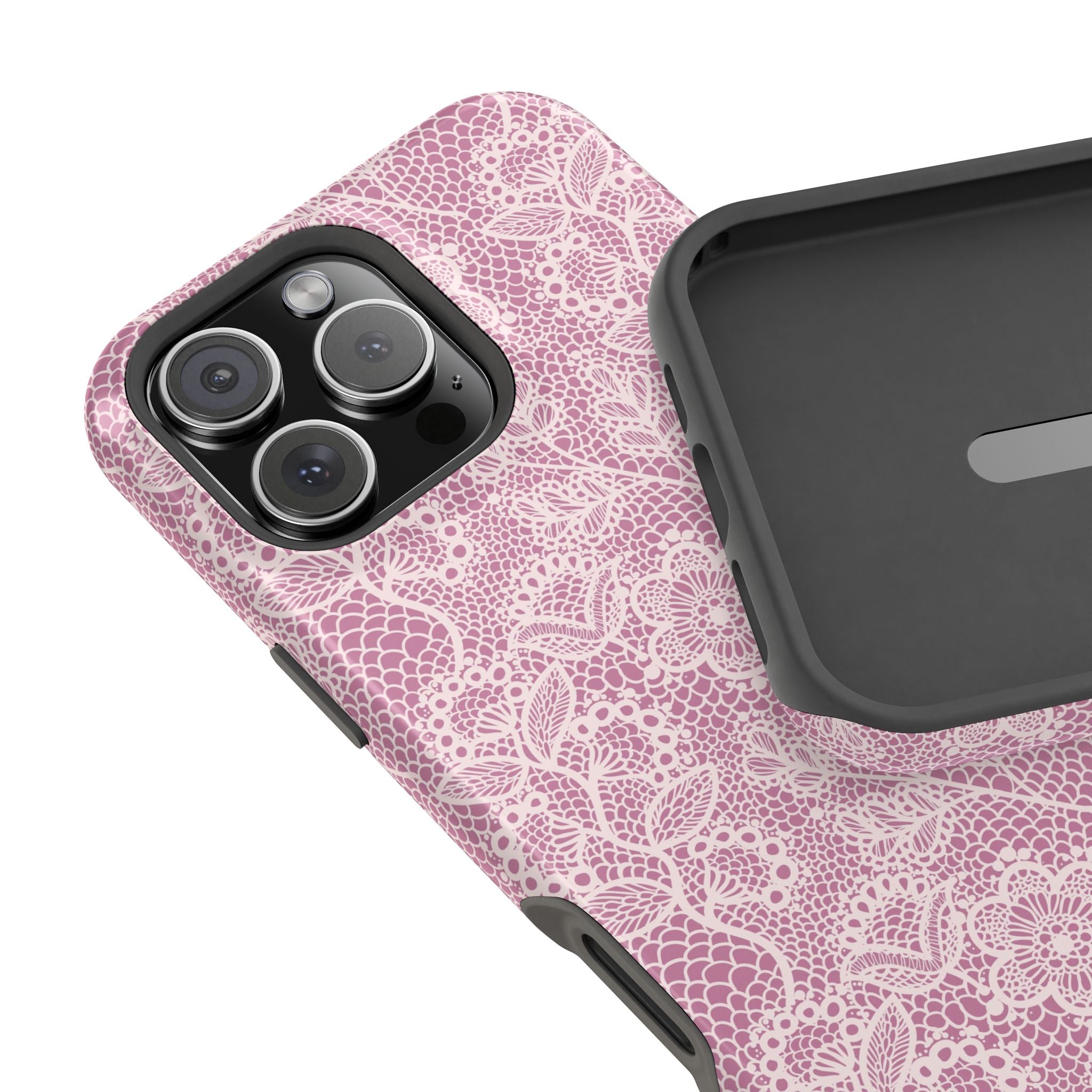 Pink Lace MagSafe iPhone case with floral design, offering cute country charm and protection as a stylish phone cover.