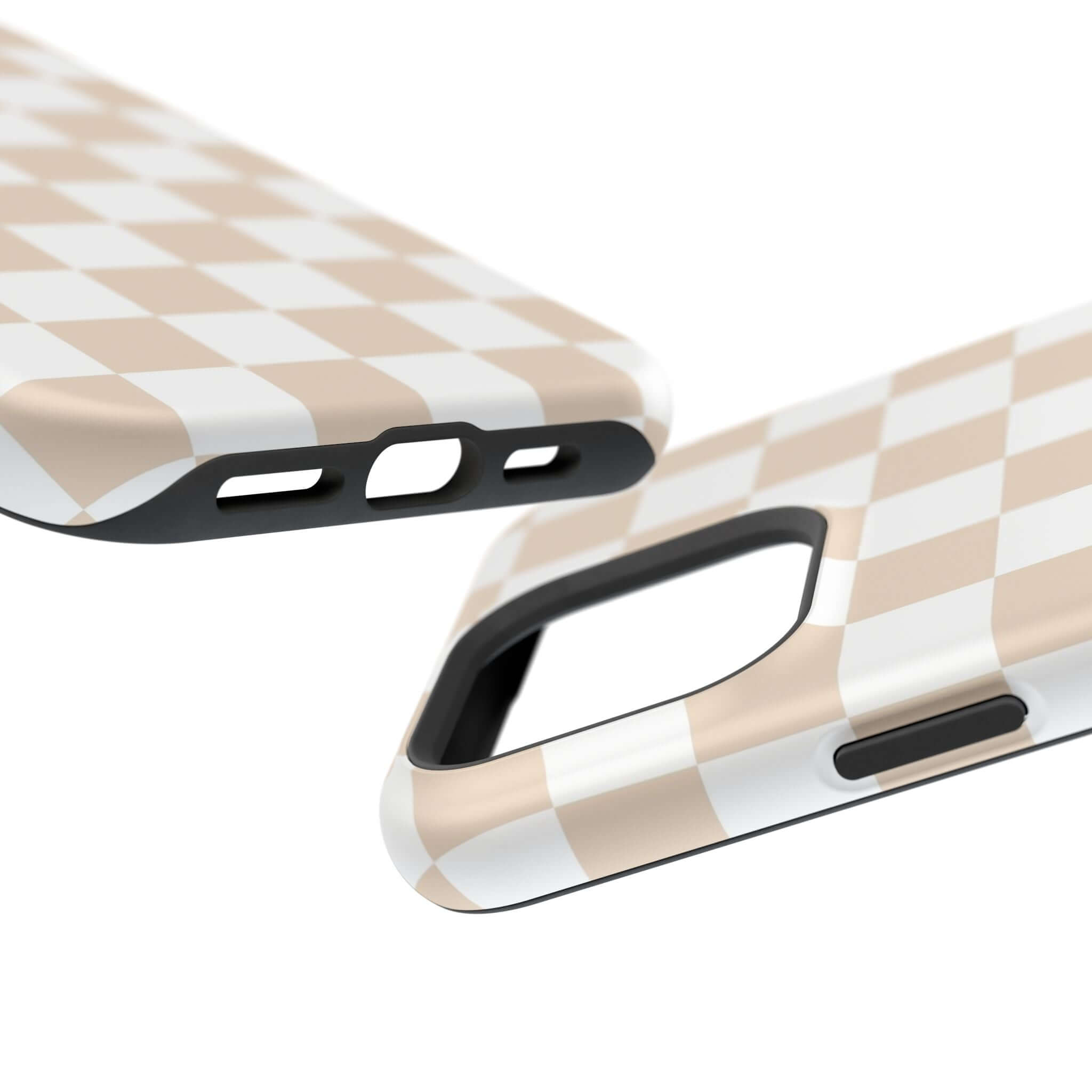 Cute protective cream checkered MagSafe iPhone 16 case with trendy beige design.