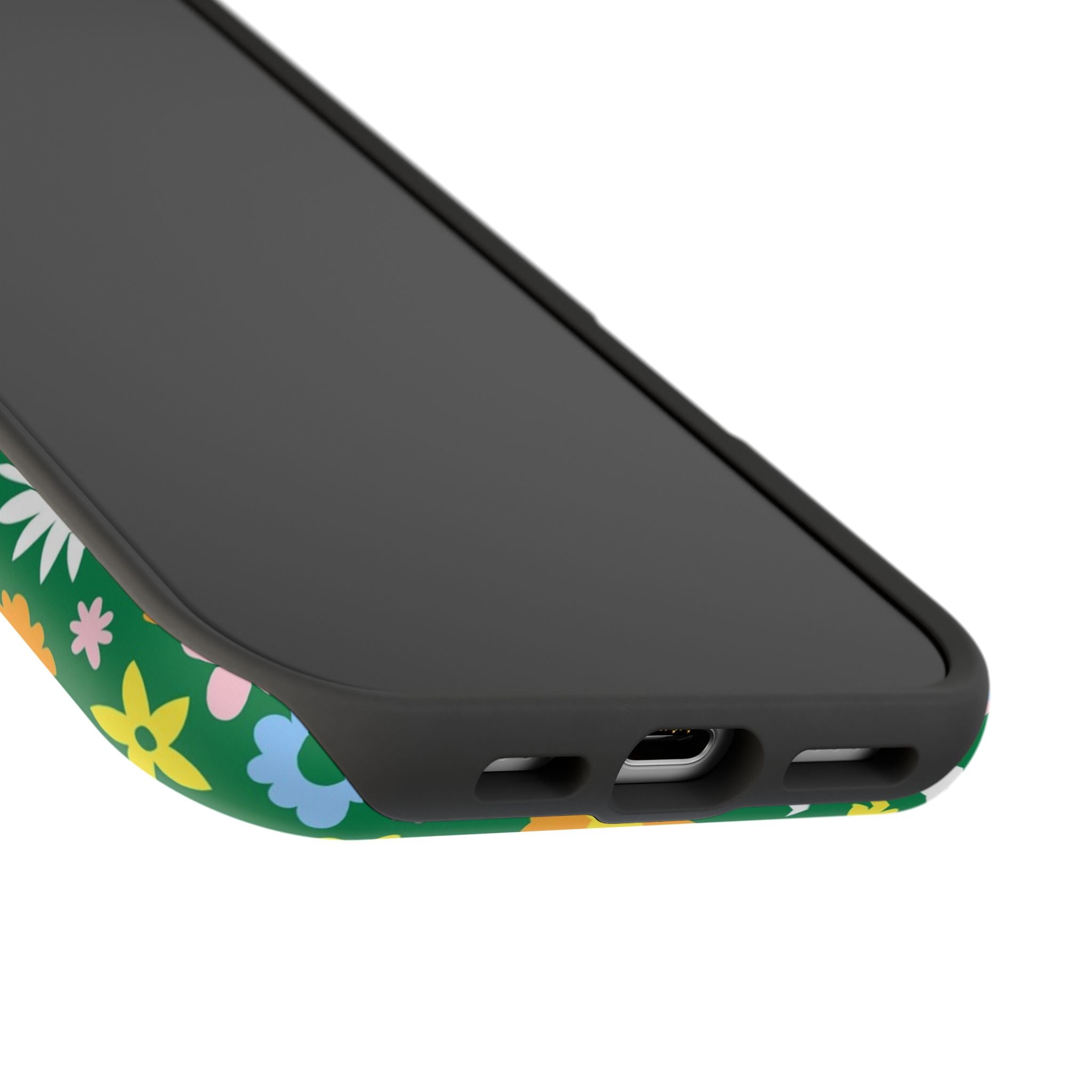 Vibrant floral MagSafe iPhone case with playful hippie design, showcasing colorful flower power on a cute phone cover.