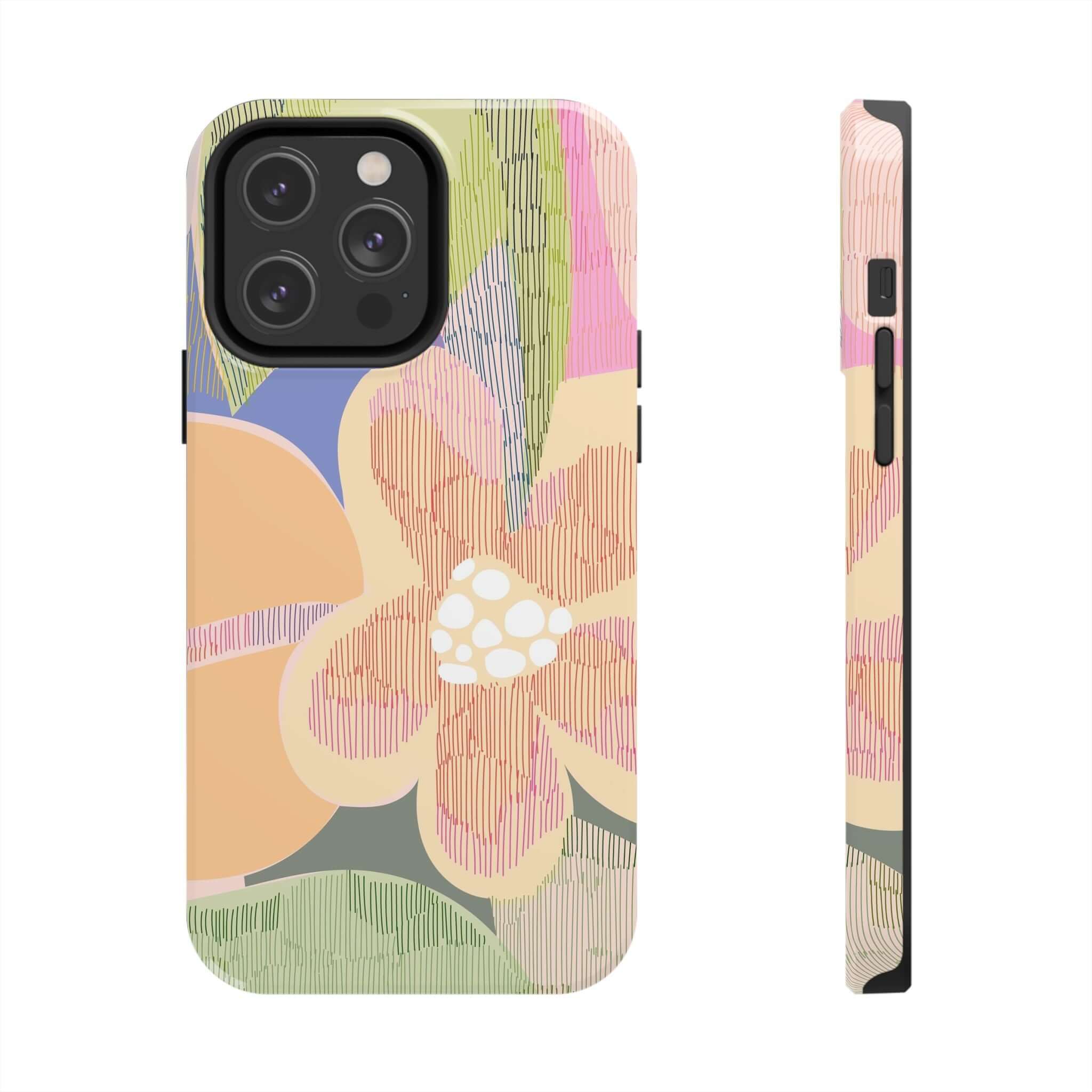 Colorful abstract floral iPhone case with a cute palm tree design; fitting iPhone 14 Pro Max and Samsung S23; vibrant protective phone accessory.