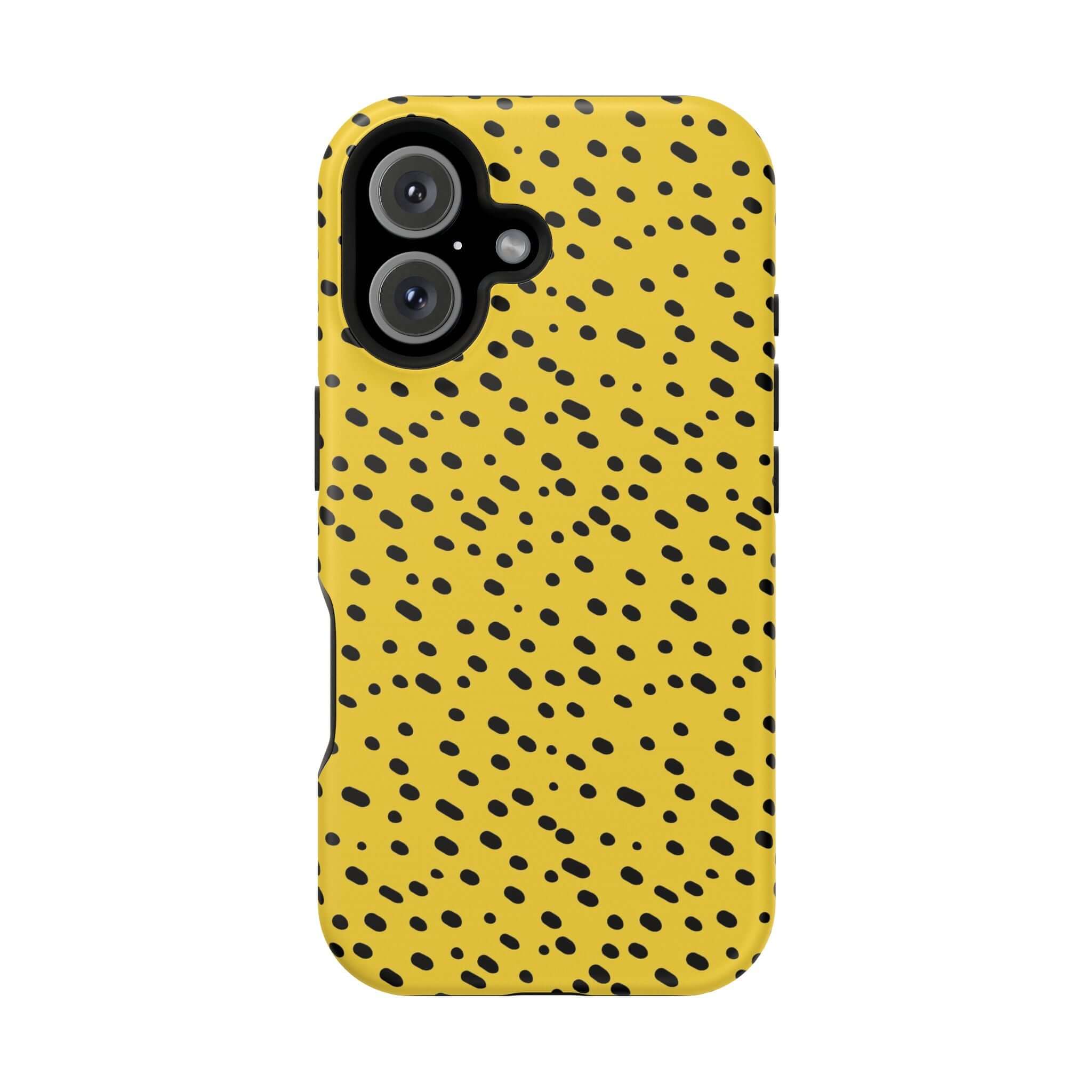 Yellow Cheetah Case with bold spots, a colorful and cute phone case for iPhone. Abstract design perfect for style and protection.