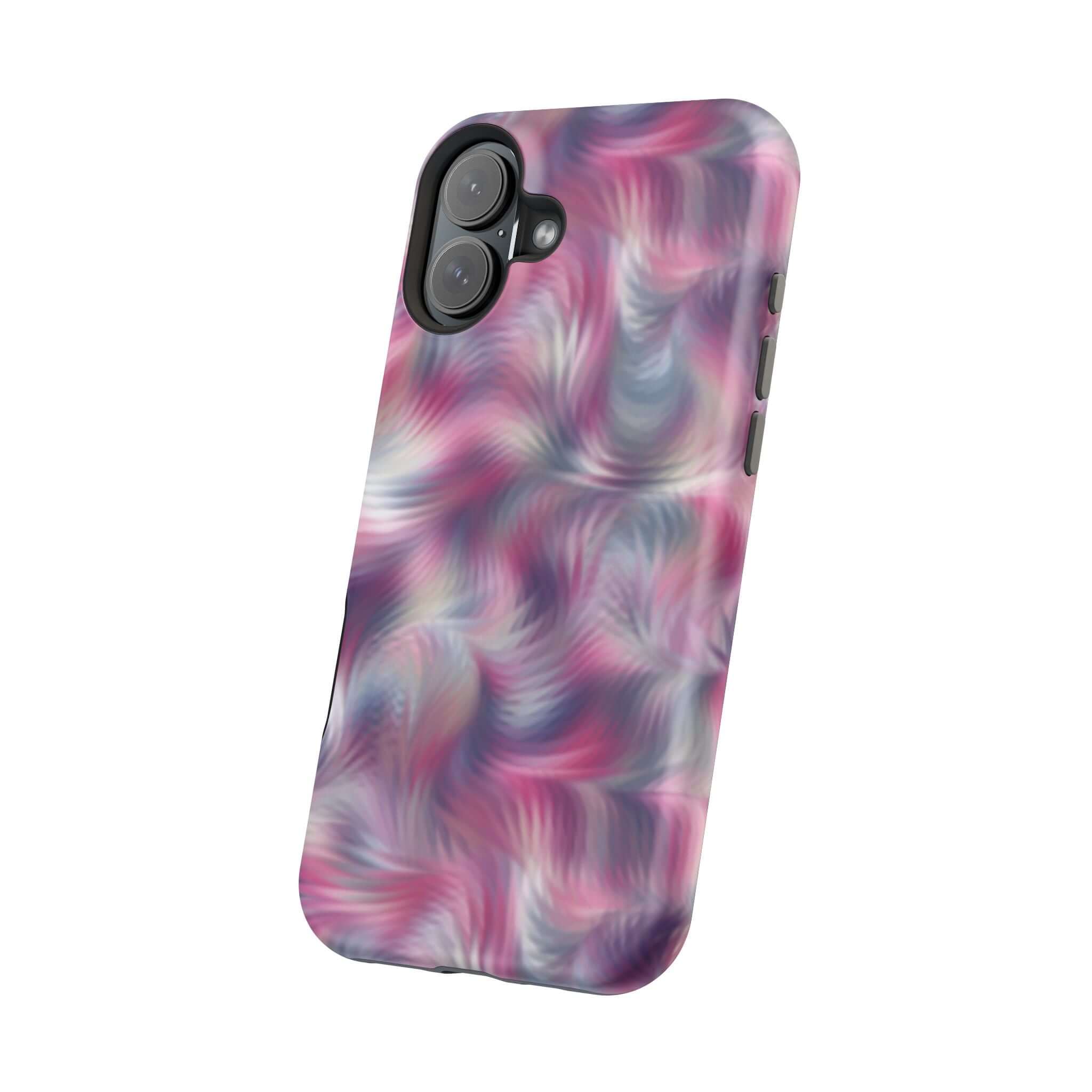 Quirky purple abstract MagSafe iPhone case with tie dye swirl design, cute phone cover showcasing playful personality and protection.