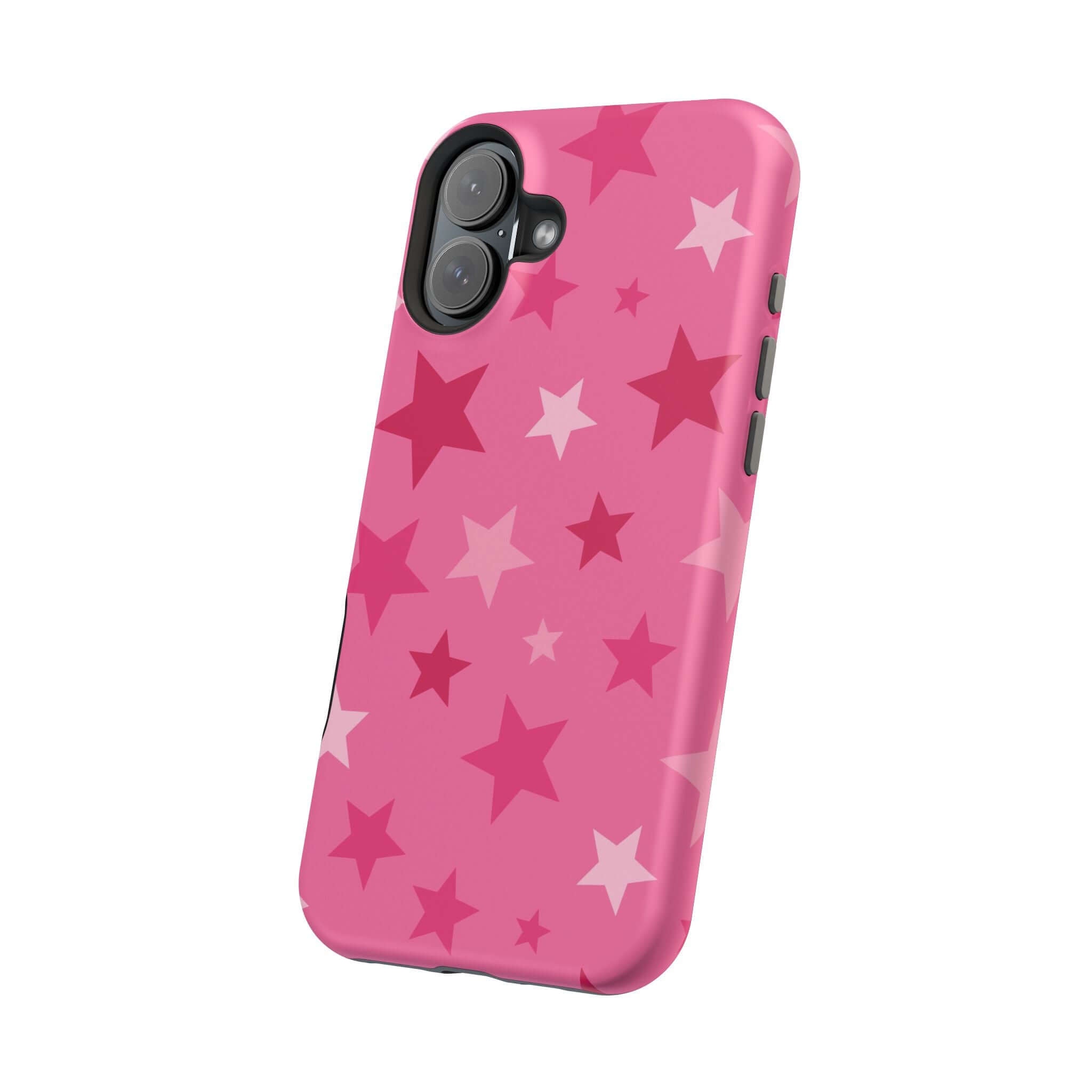 Cute pink iPhone case with bright stars, perfect for trendsetters wanting style and protection.