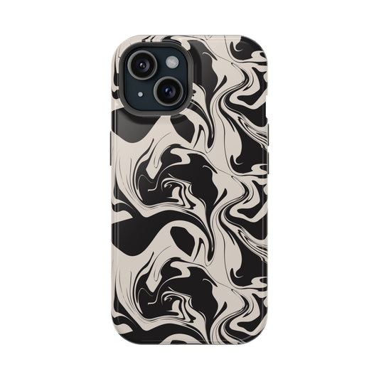 Shadow Waves black and white abstract design iPhone 15 case, cute phone case, black MagSafe case, iPhone cute case.