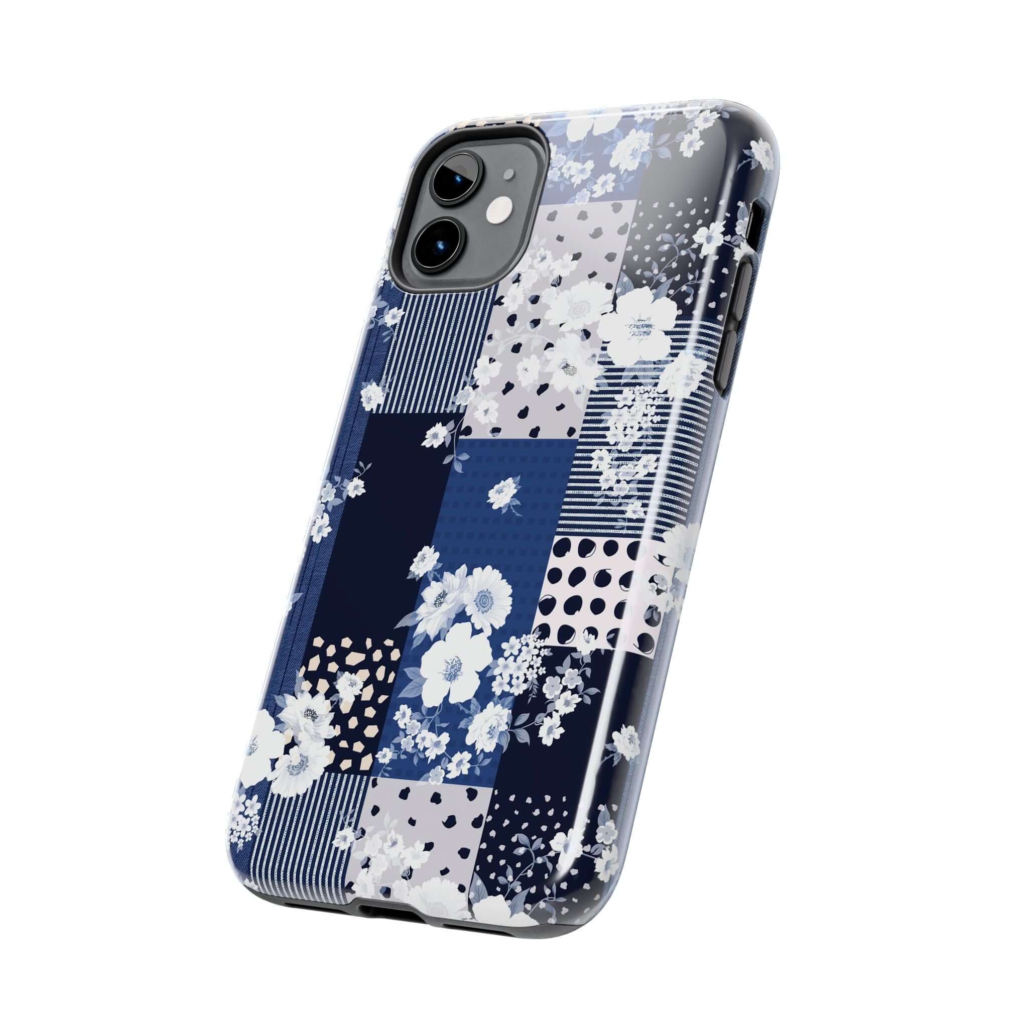 Blue floral patchwork phone case for iPhone and Samsung, perfect for sorority book club members seeking a cute, stylish cover with flowers