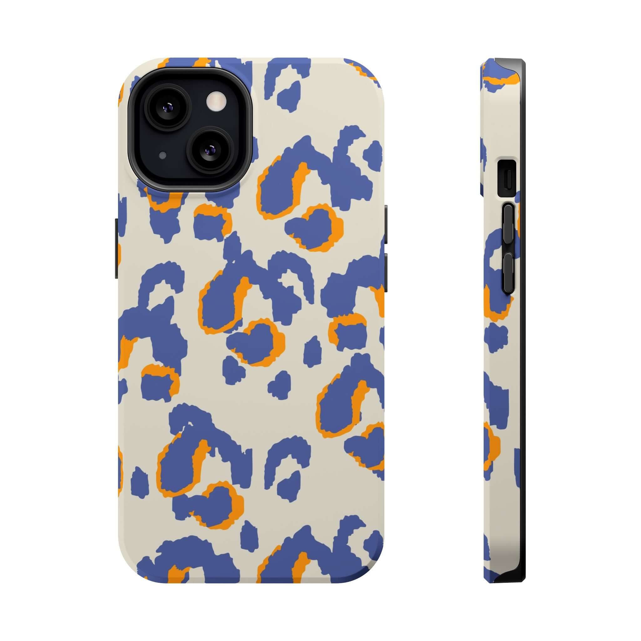 Colorful iPhone case with blue and orange leopard print, Safari Blaze, cute abstract design, MagSafe compatible, stylish phone case.