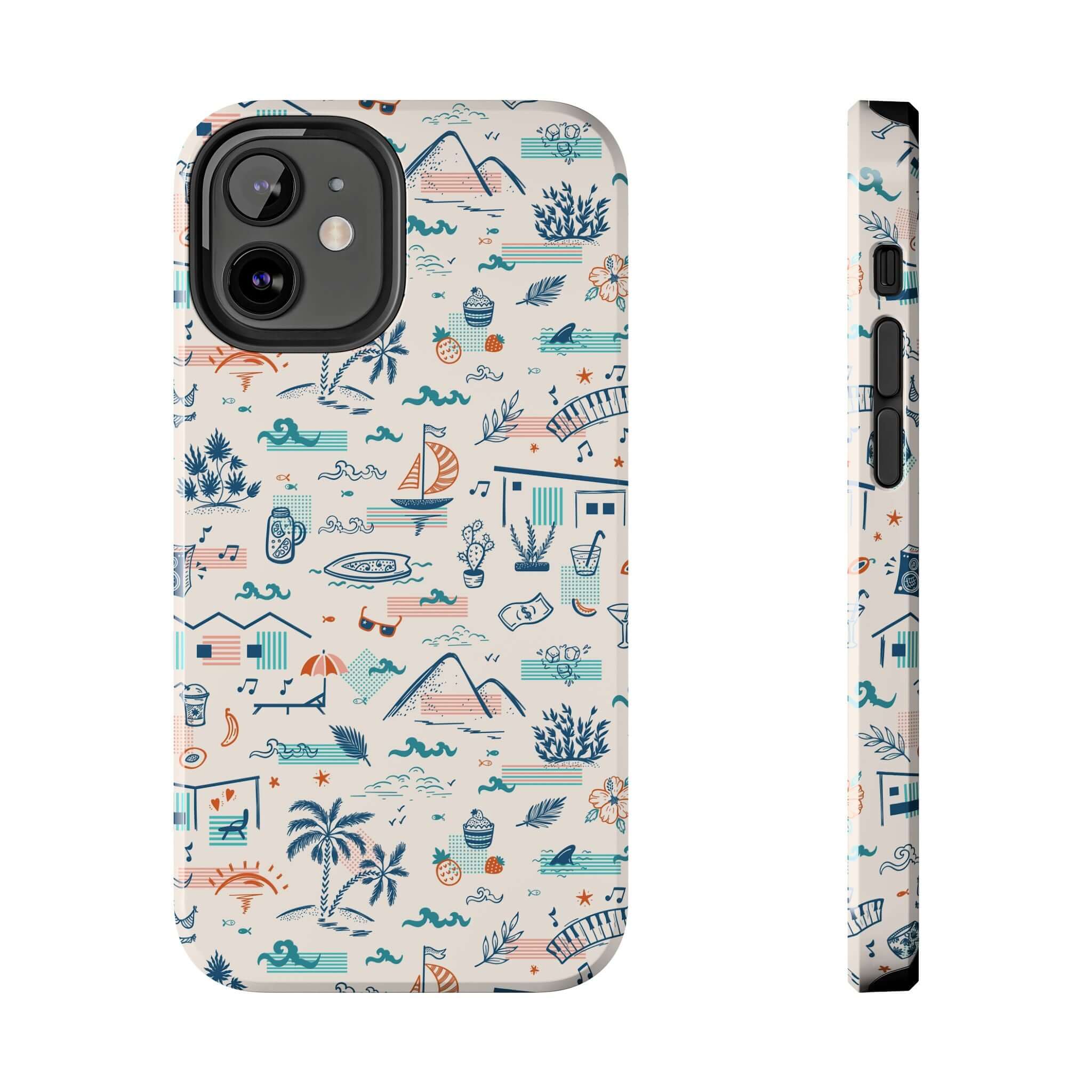 Colorful iPhone case with summer vacation design, featuring beach and palm tree illustrations for iPhone 14 Pro Max and Samsung S23.